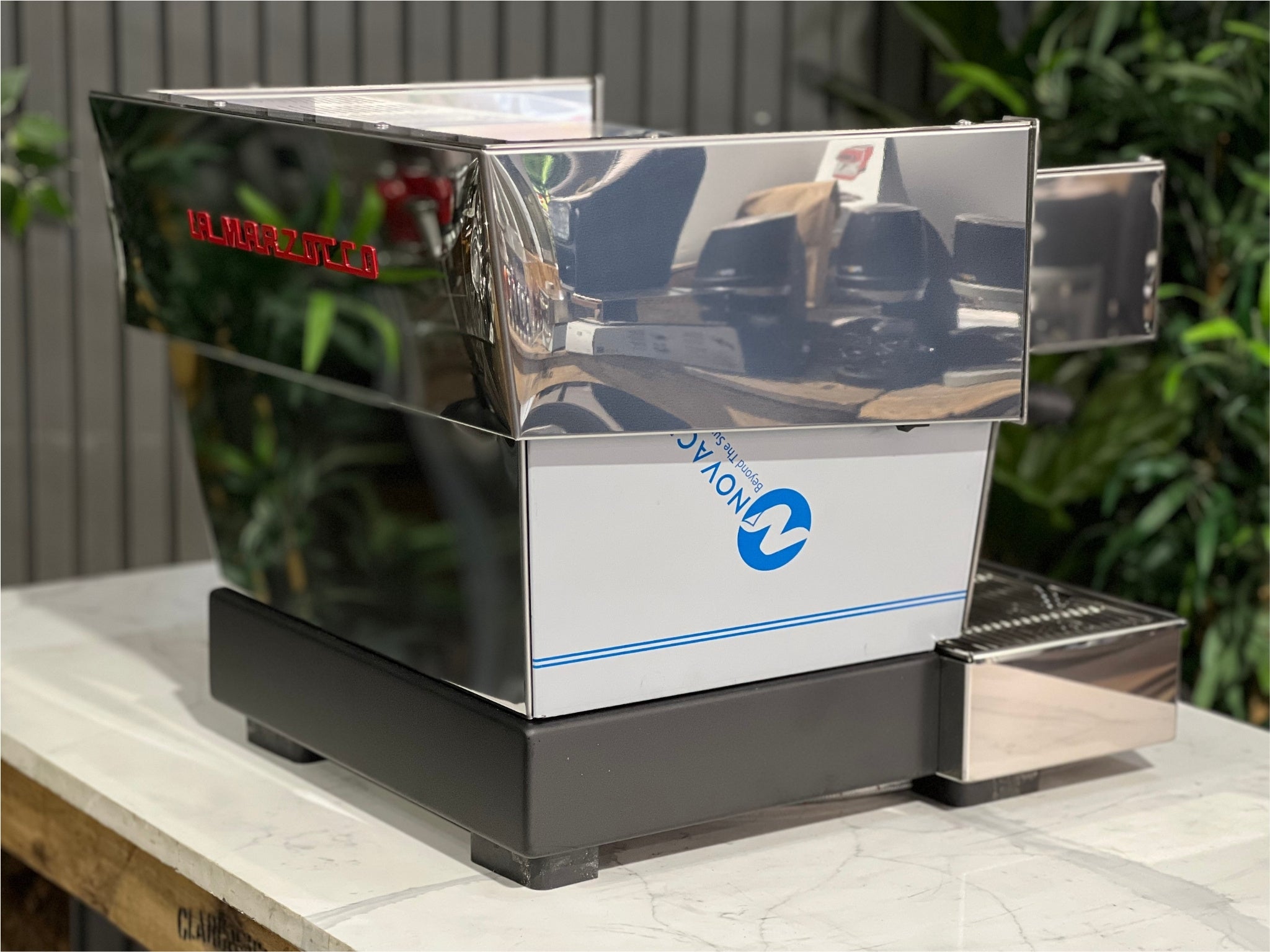 La Marzocco Linea Classic S AV 1 Group Coffee Machine Stainless – New espresso coffee machine photographed at an angled back view, highlighting the stainless steel panels, cup tray, and rear detail.