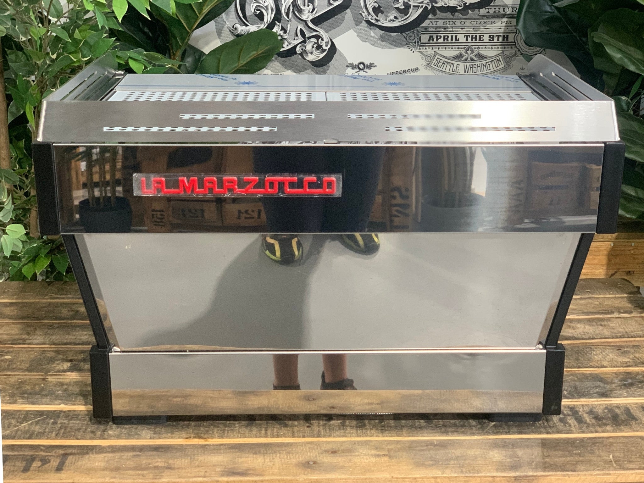 La Marzocco Linea PB 2 Group Coffee Machine Stainless - New rear view showing the stainless steel panels and machine shape; dual boilers are concealed but contribute to stable espresso performance.