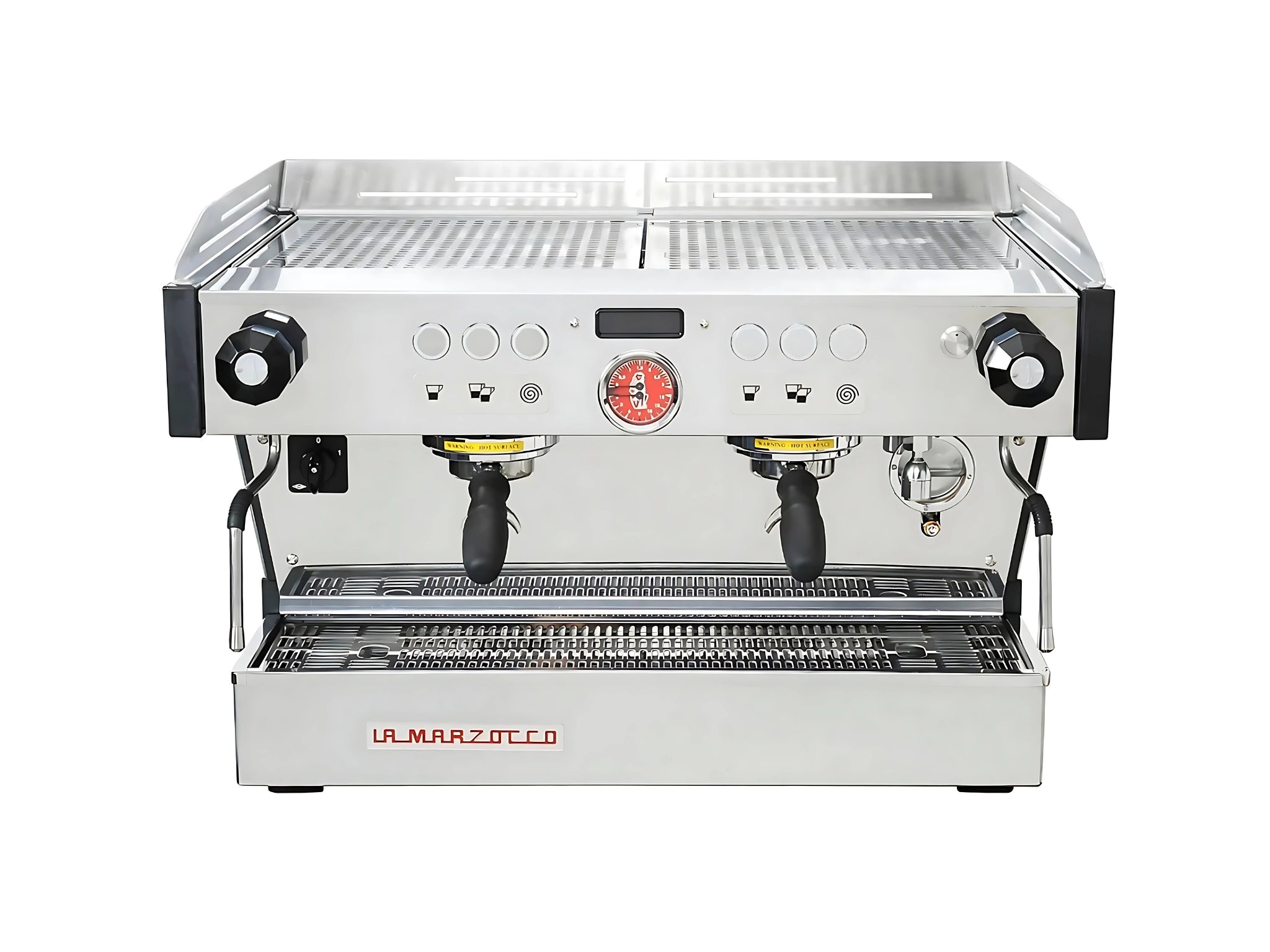 A new La Marzocco Linea PB 2 Group Espresso Coffee Machine in Stainless Steel on a white background. The machine is photographed from the front making the controls and group heads visible.