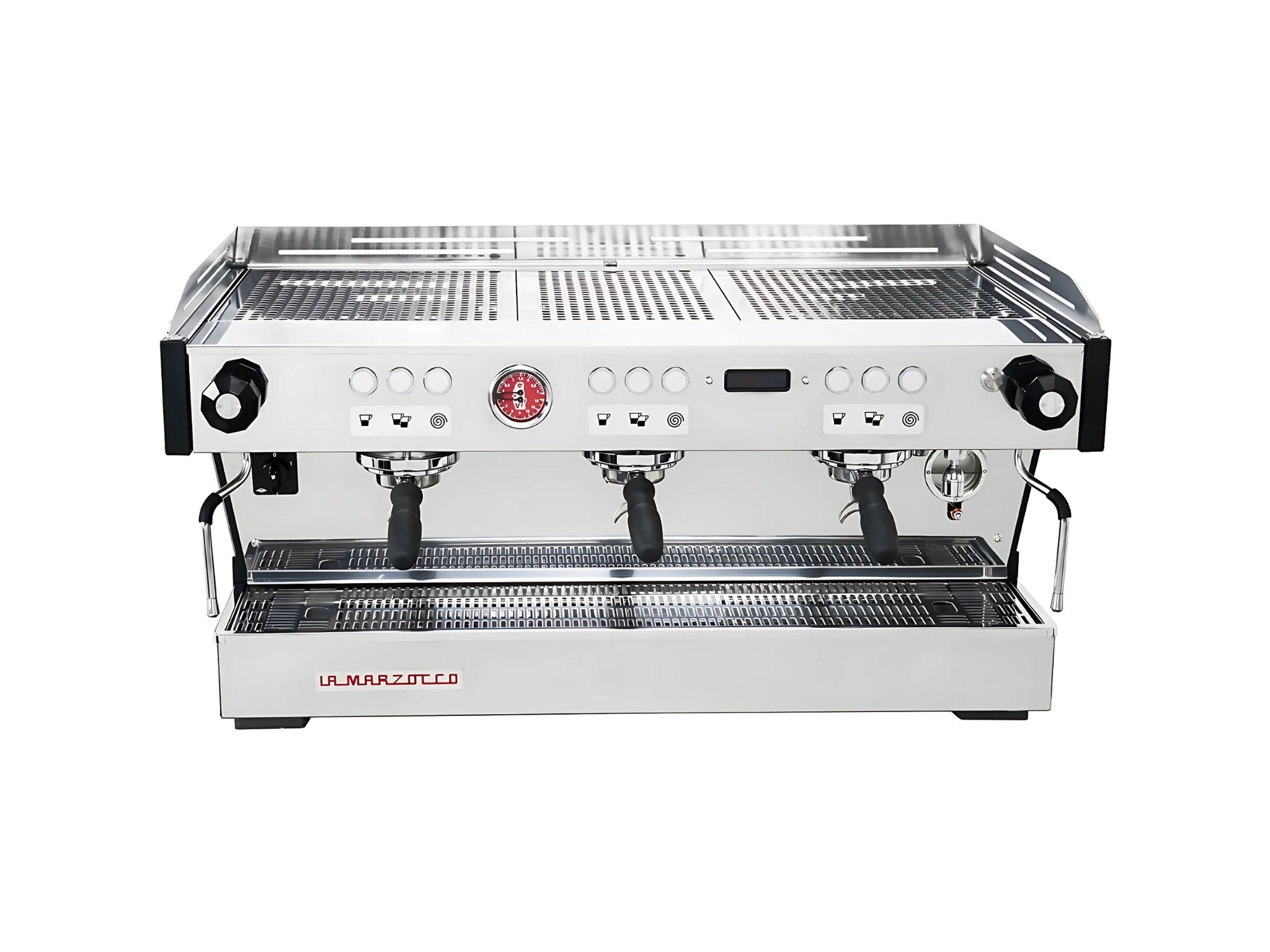 La Marzocco Linea PB 3 Group Coffee Machine Stainless - New front-top angled view revealing the machine’s flat top, cup tray, LED display, and three group heads. The stainless espresso machine is set against a clean white backdrop.