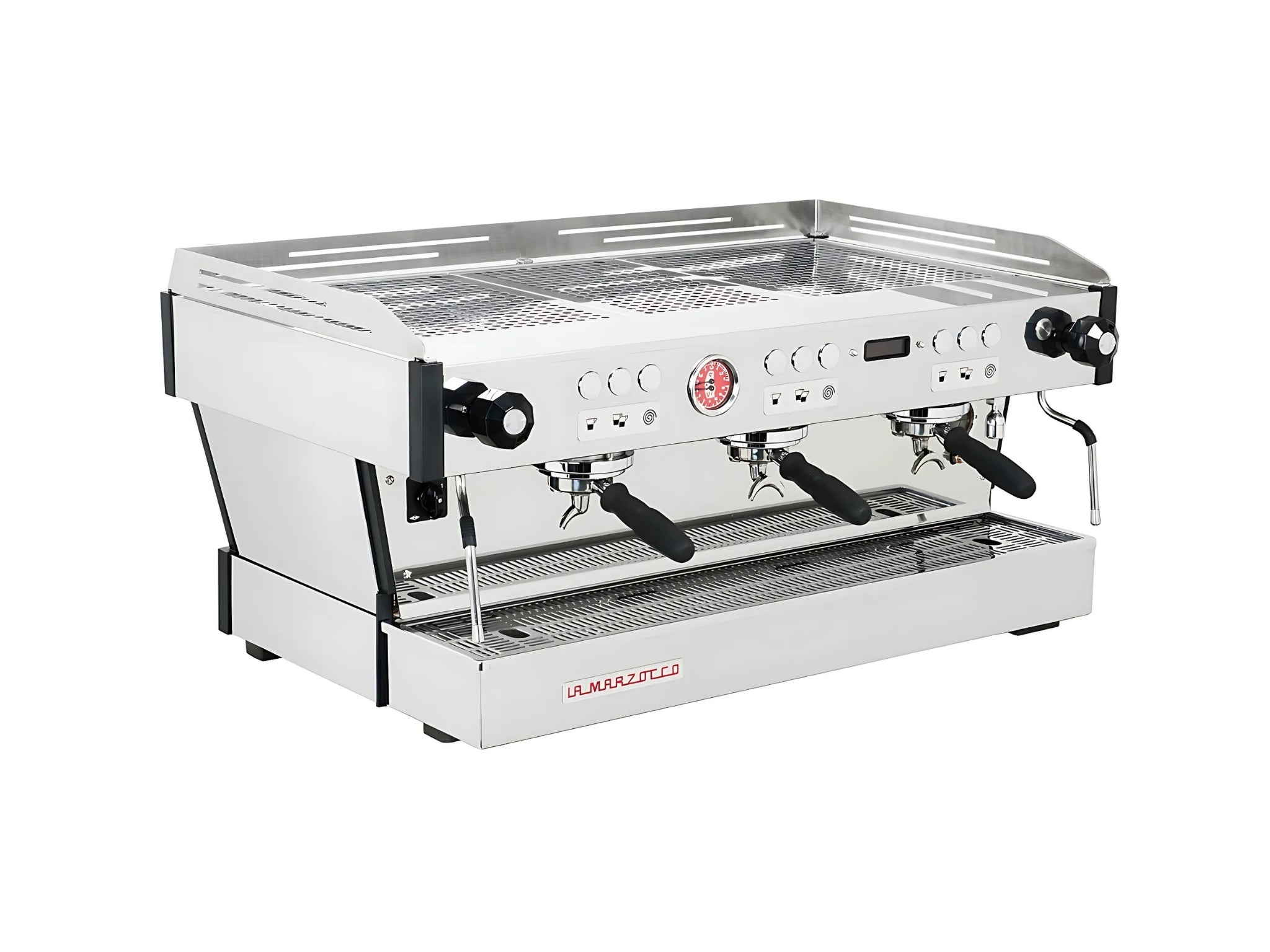 La Marzocco Linea PB 3 Group Coffee Machine Stainless - New angled view showing the espresso coffee machine’s three group heads, stainless steel body, dual steam wands, and digital LED display. Captured against a clean white background.