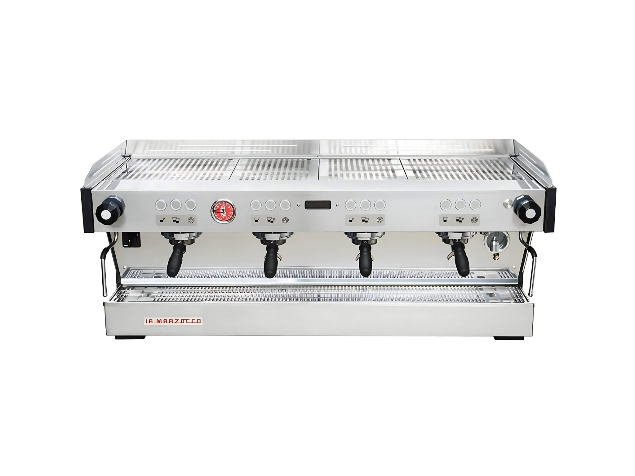 A brand new La Marzocco Linea PB 4 Group Espresso Coffee Machine with Stainless finish on a white background. The machine is photographed front making the controls and group heads visible.