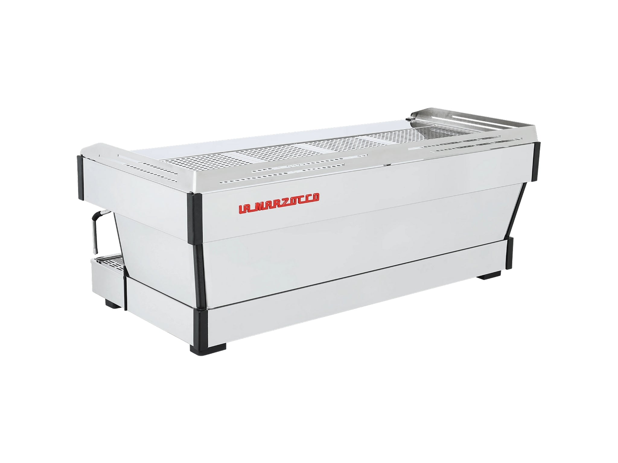 A brand new La Marzocco Linea PB 4 Group Espresso Coffee Machine with Stainless finish on a white background. The machine is photographed from behind the machine and the back and side of the machine is visible.