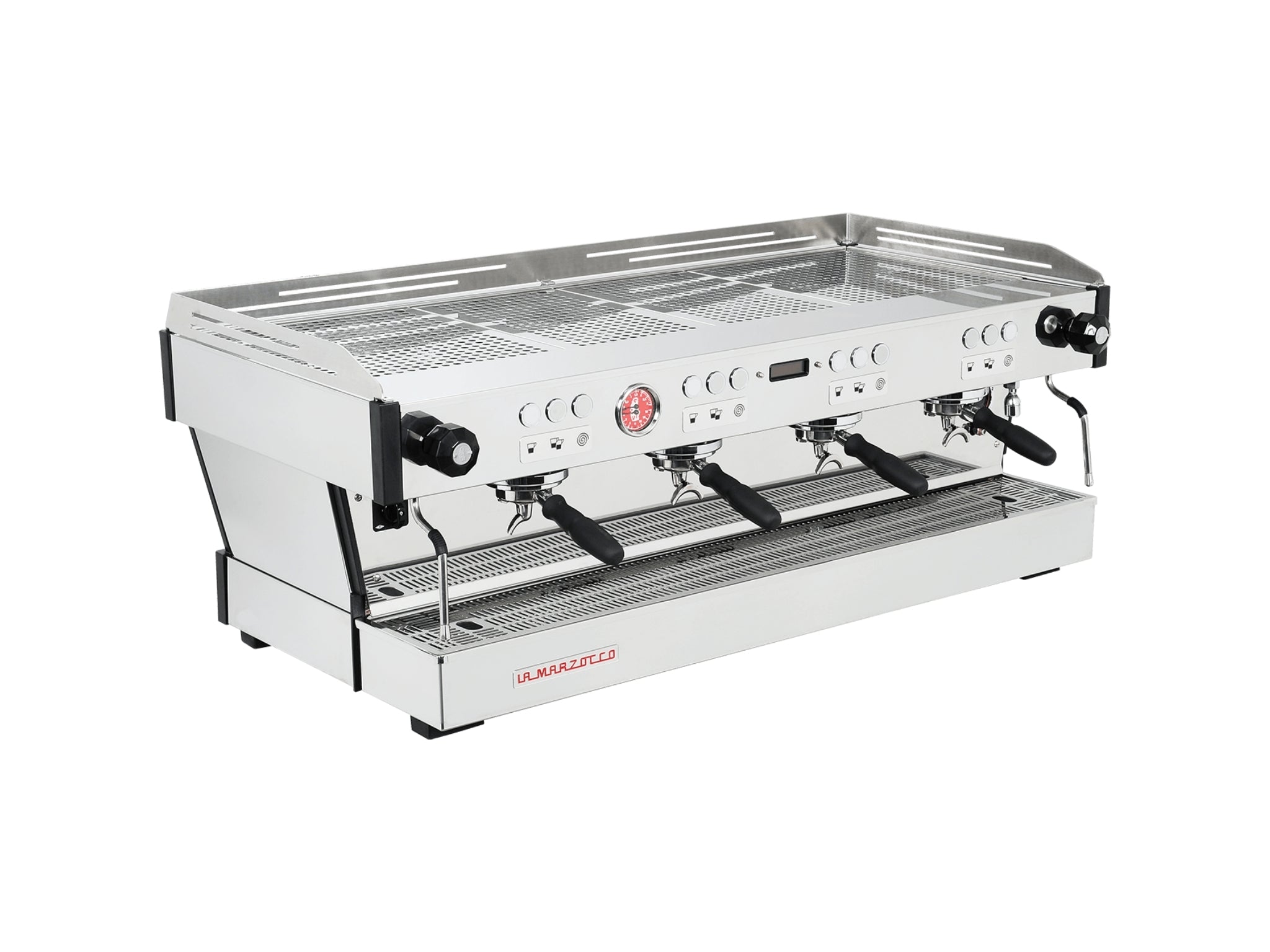 A brand new La Marzocco Linea PB 4 Group Espresso Coffee Machine with Stainless finish on a white background. The machine is photographed on an angle and the front and side of the machine is visible.