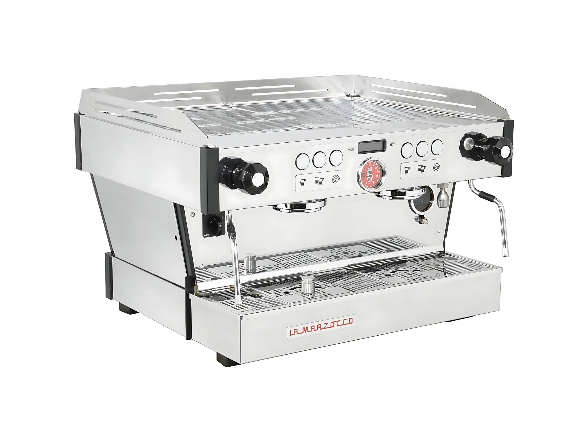 La Marzocco Linea PB ABR 2 Group Coffee Machine Stainless - New angled view showing the stainless steel body, dual group heads, dual steam wands, digital LCD display, and drip tray on a clean white background, highlighting its professional espresso coffee machine design.