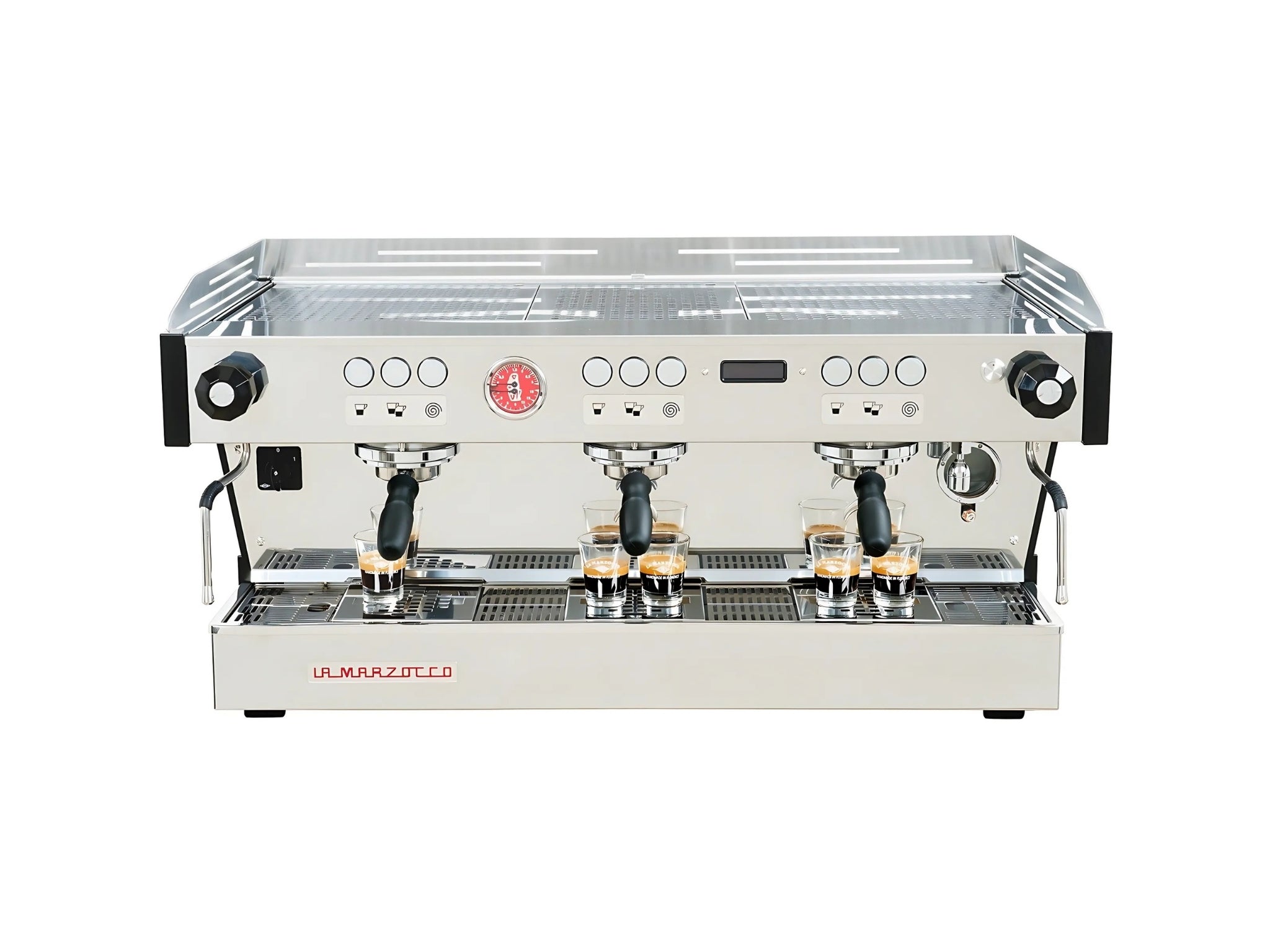 La Marzocco Linea PB ABR 3 Group Coffee Machine Stainless - New, front-on top view showing stainless steel body, cup tray, digital LED display, and barista lights on a clean white background.