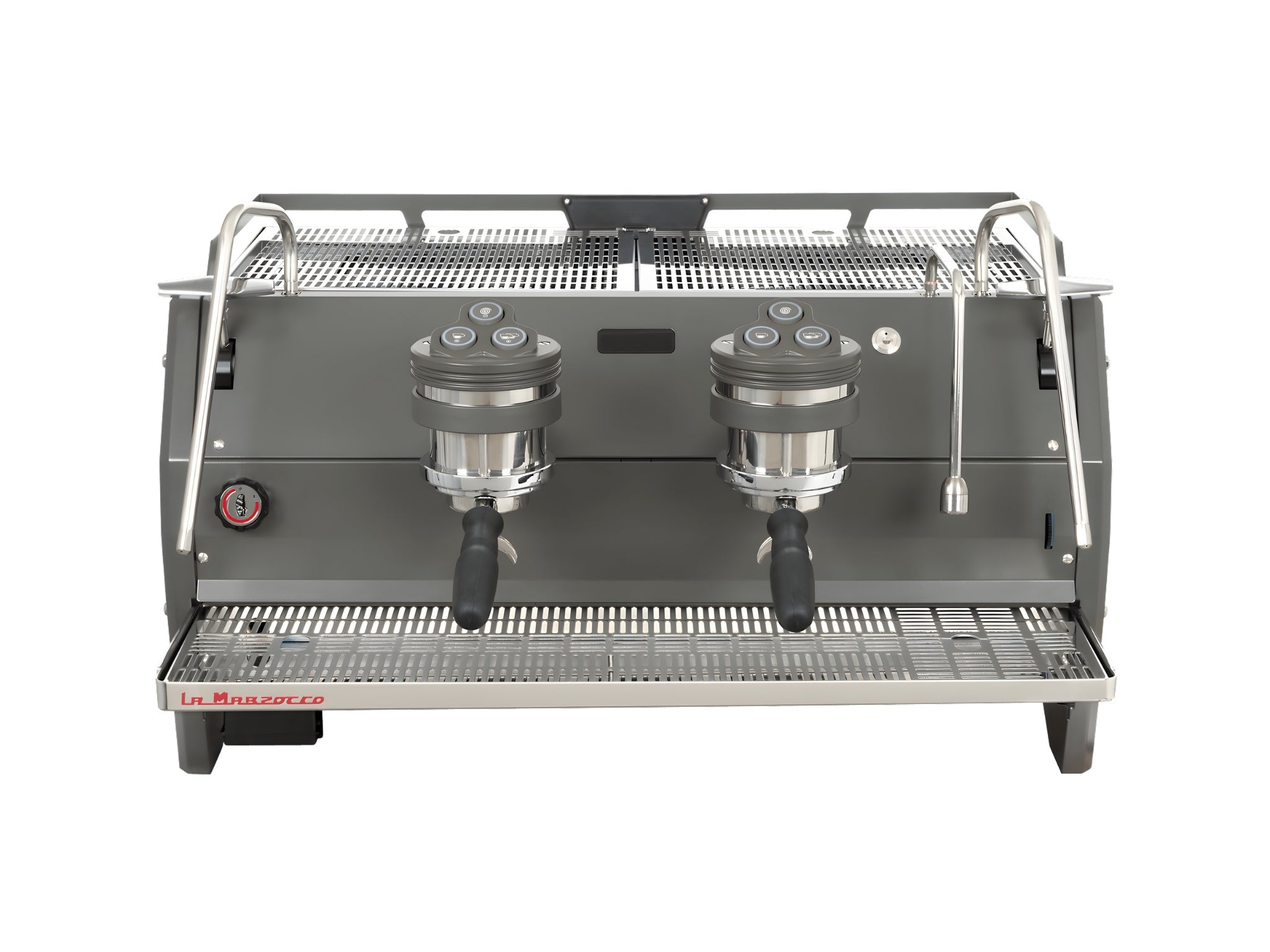 Front view of La Marzocco Strada S 2 Group Stainless espresso coffee machine on a white background, highlighting group heads, high cup clearance, and hot water tap.