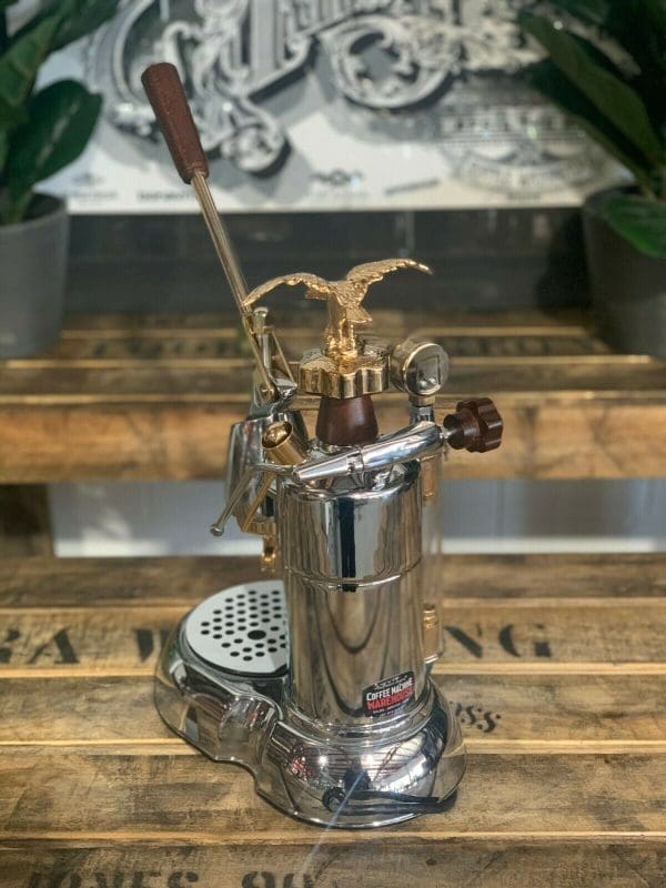 La Pavoni Expo 2015 1 Group Espresso Machine showcasing its elegant design and craftsmanship.