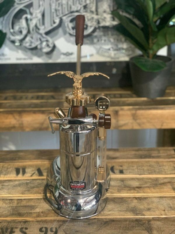 La Pavoni Expo 2015 1 Group Espresso Machine, elegant chrome finish with wood details, perfect for coffee enthusiasts.