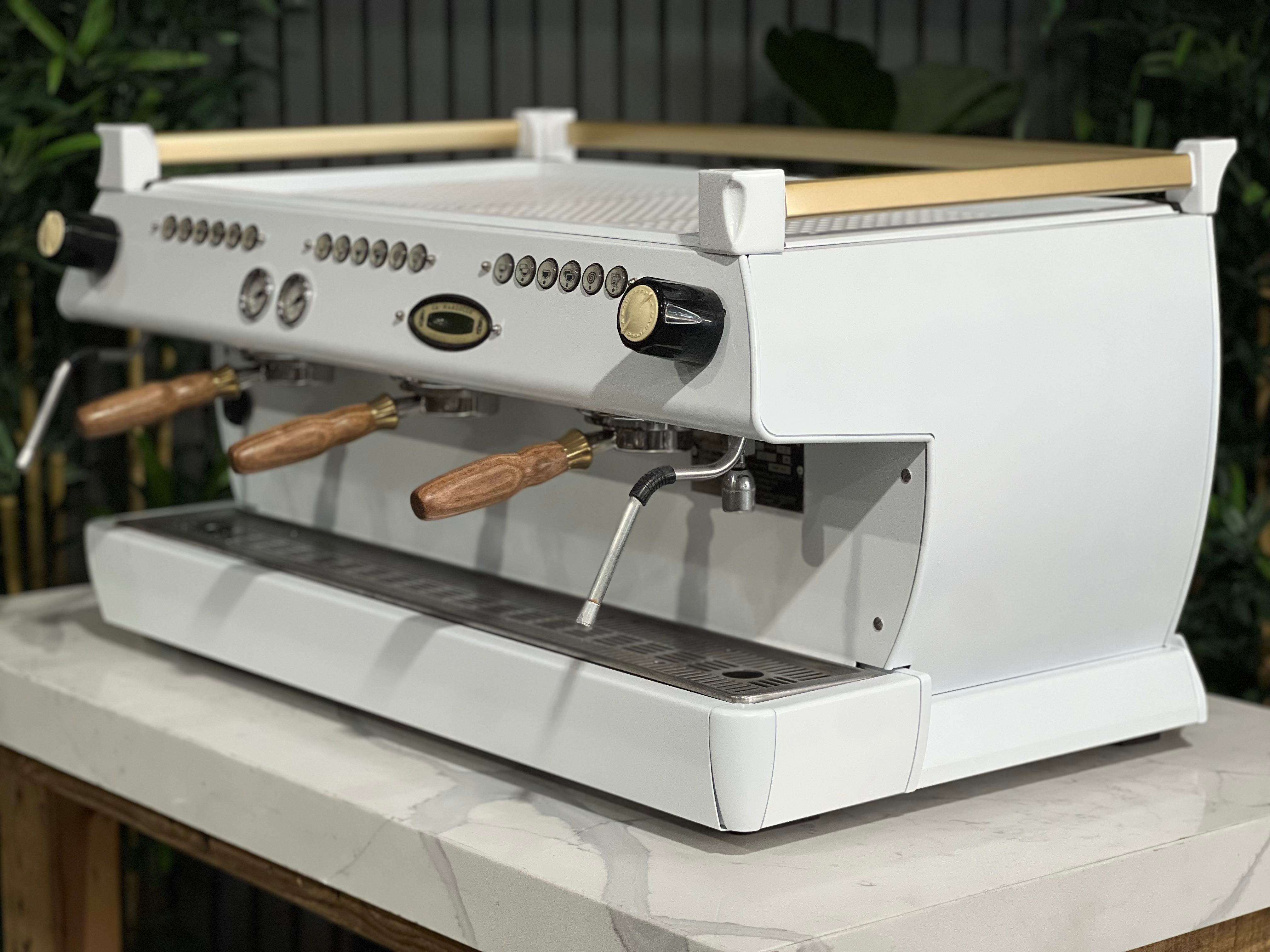 La Marzocco Gb5 3 Group Espresso Coffee Machine White & Gold With Pesado Group Handles