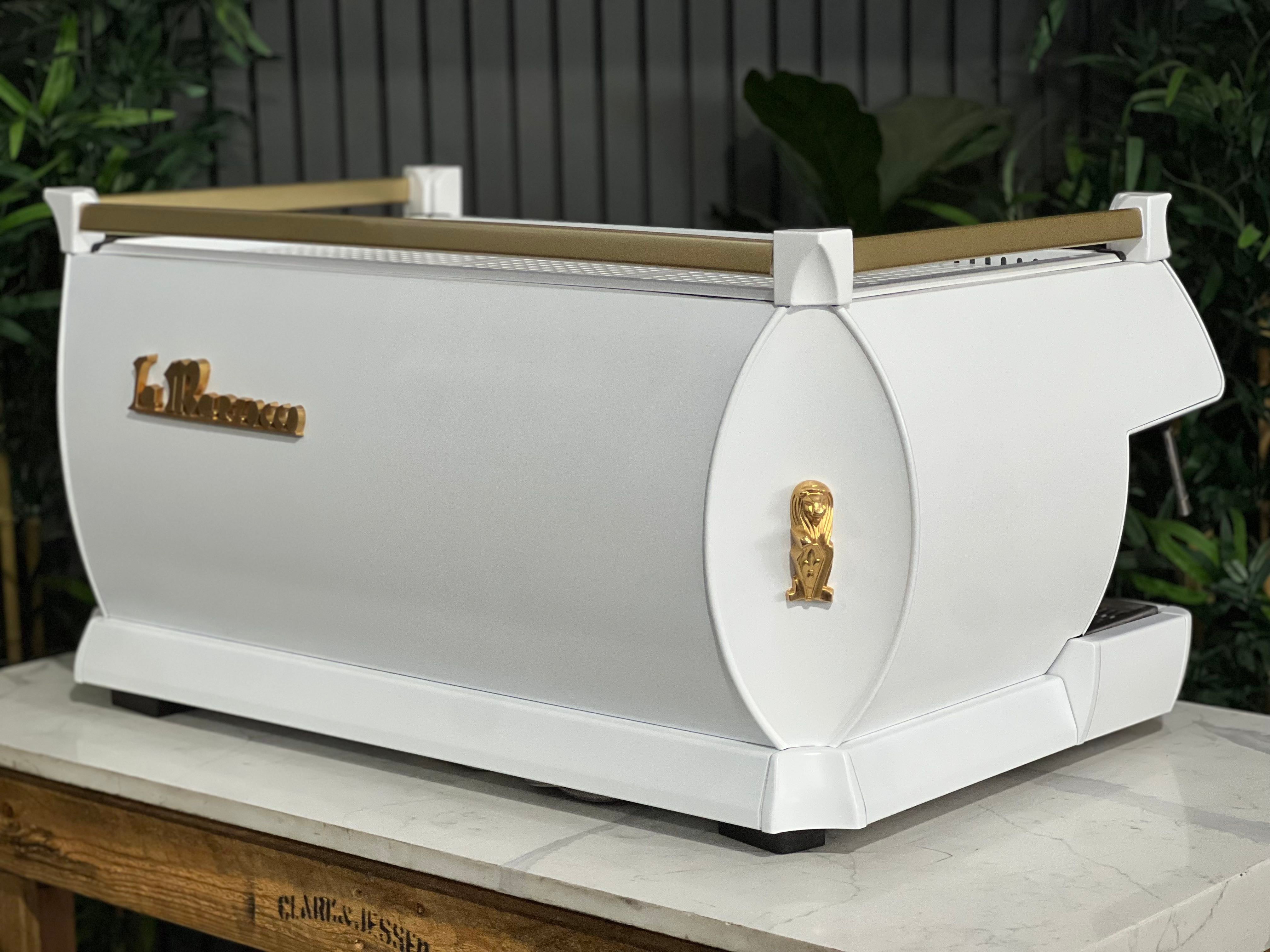 La Marzocco Gb5 3 Group Espresso Coffee Machine White & Gold With Pesado Group Handles