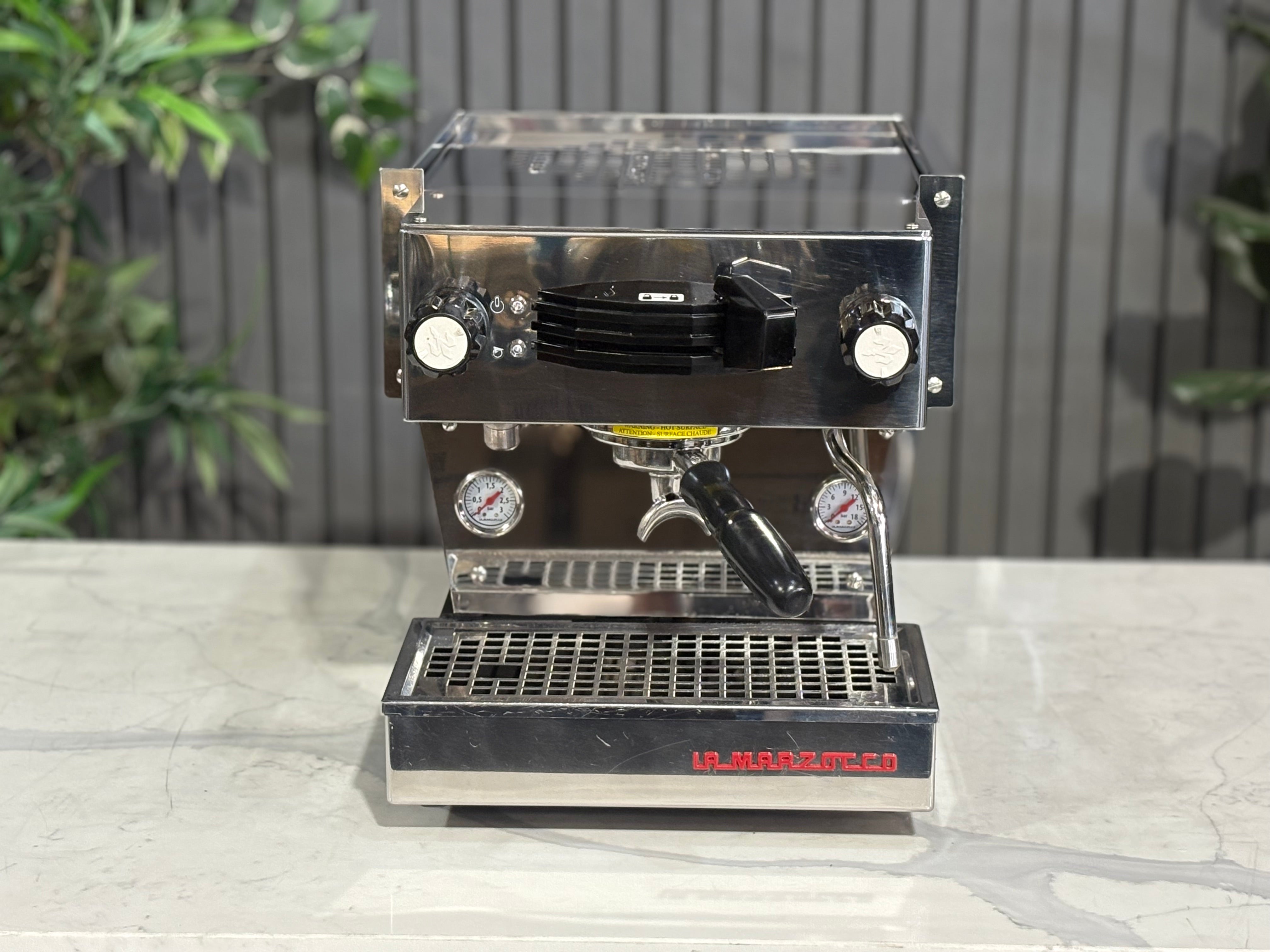 La Marzocco Linea Mini MP 1 Group Coffee Machine Stainless - Used on display with sleek design and professional features.