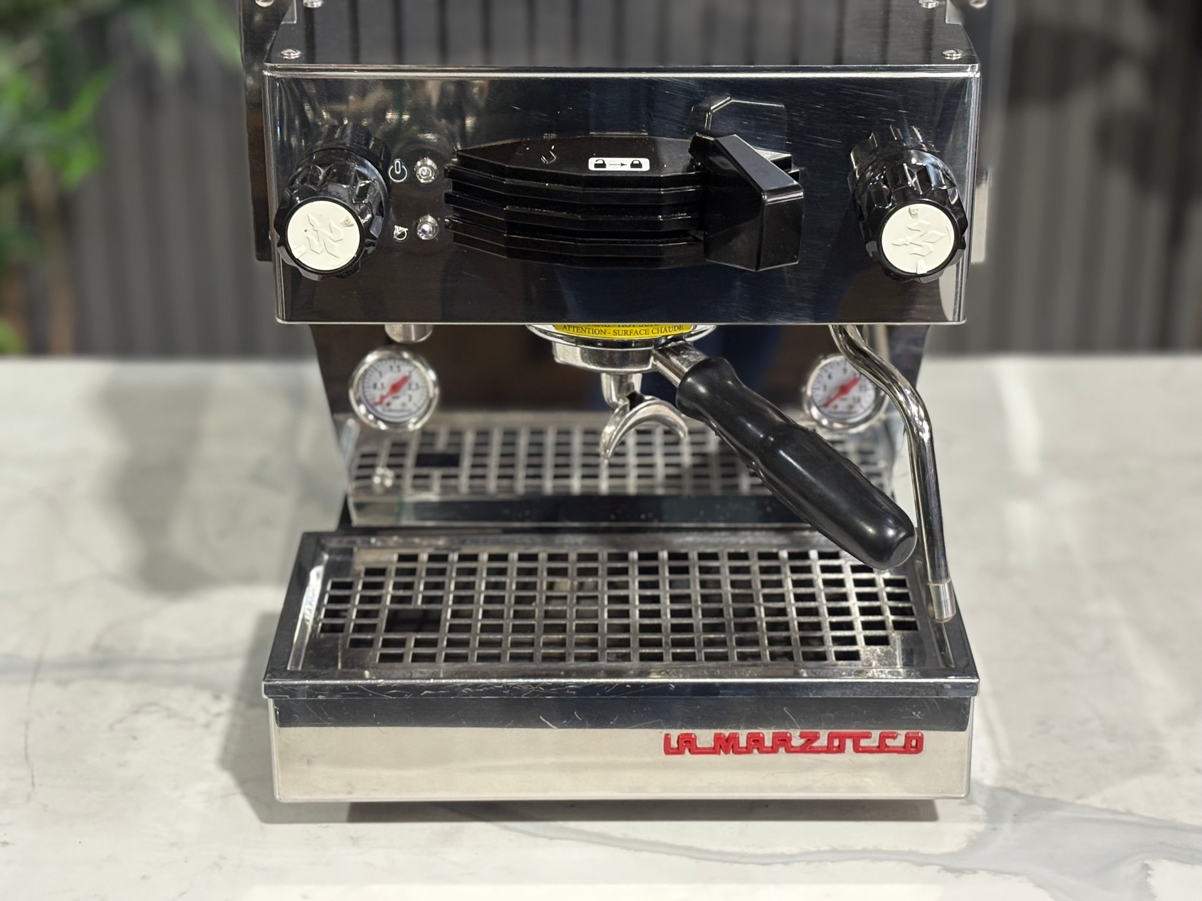 La Marzocco Linea Mini MP 1 Group Coffee Machine Stainless - Used front view with controls and portafilter.
