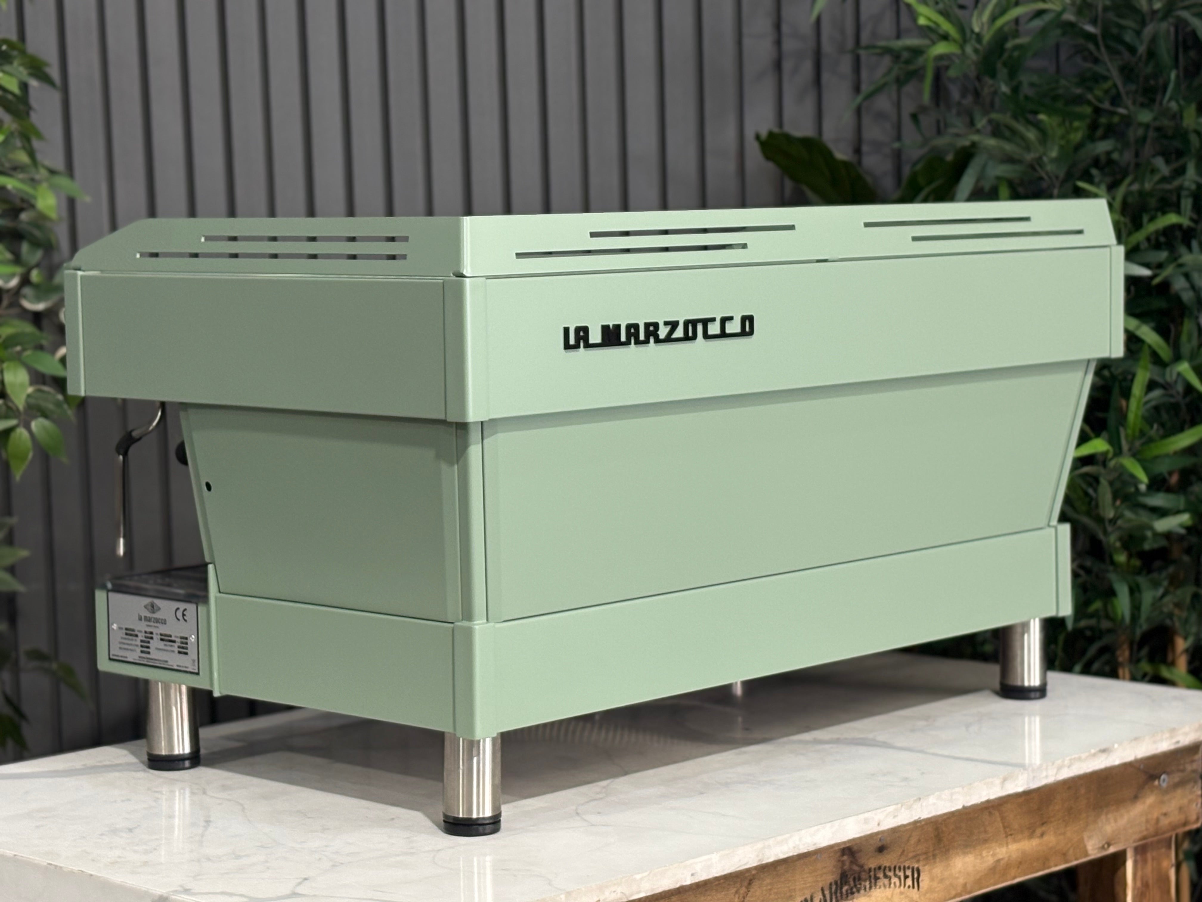 La Marzocco Linea PB 3 Group Coffee Machine Mint Green - Used displayed in a café environment.