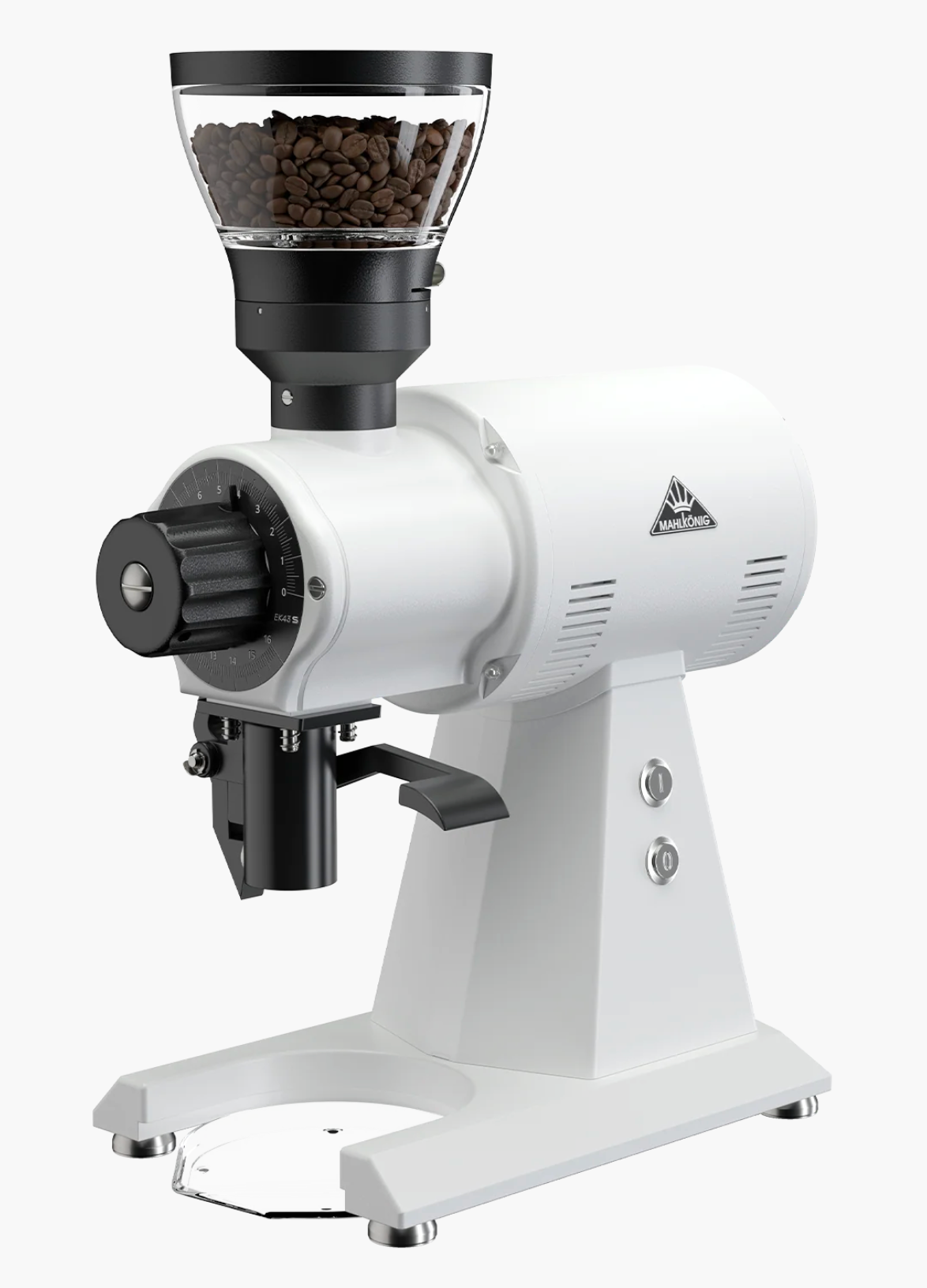 Mahlkönig EK43 S Espresso Coffee Grinder - New in white with coffee beans in the hopper.