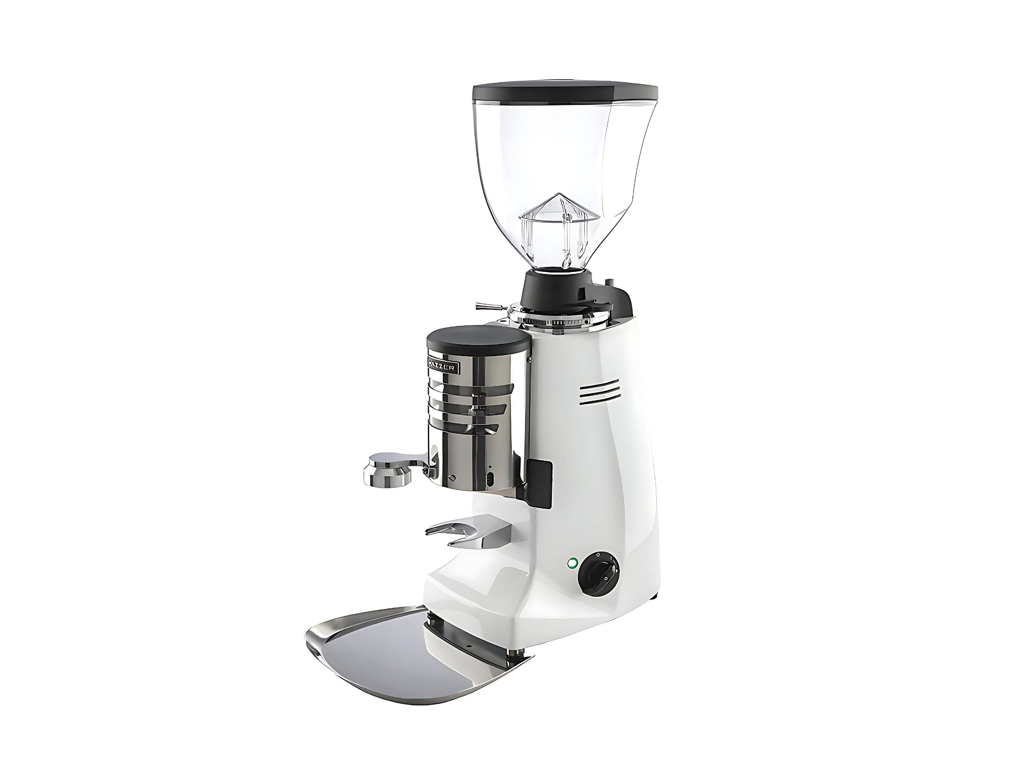 A New Mazzer Major V Automatic Coffee Grinder White on a white background. The machine is photographed on an angle facing the right the front and side of the machine is visible