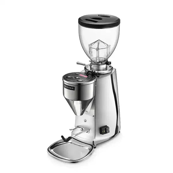 Mazzer Mini Electronic Type A Polished Alloy Coffee Grinder in polished alloy finish, showcasing its design and features.