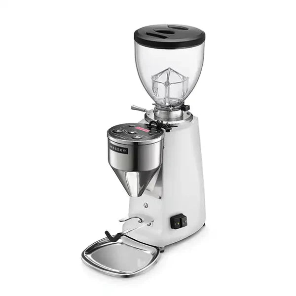 Mazzer Mini Electronic Type A White Coffee Grinder showcasing its sleek design and premium features.