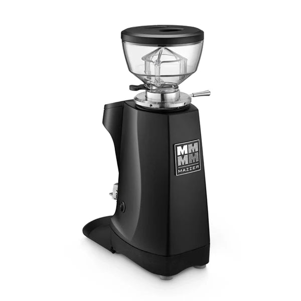 Mazzer Mini G Weight-Based Coffee Grinder Matt Black - New side view showcasing compact design and clear bean hopper.