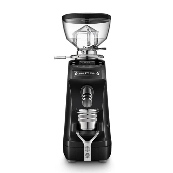 Mazzer Mini G Weight-Based Coffee Grinder Matt Black - New front view showcasing its design and functionality.