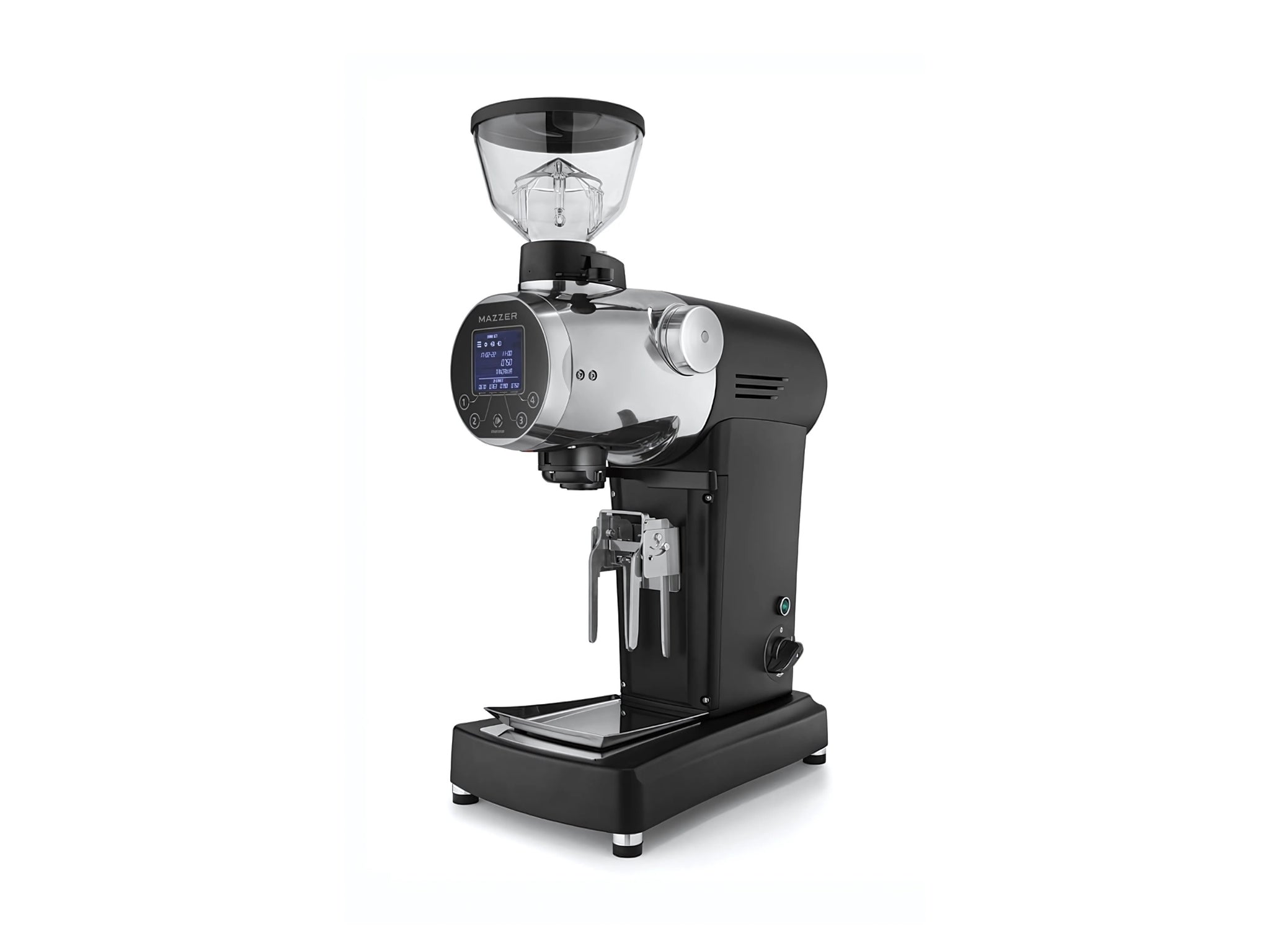Mazzer ZM Plus Coffee Grinder Black - New espresso grinder shown at an angled view against a white background. The digital control panel, matte black finish, and flat burr design are clearly visible.
