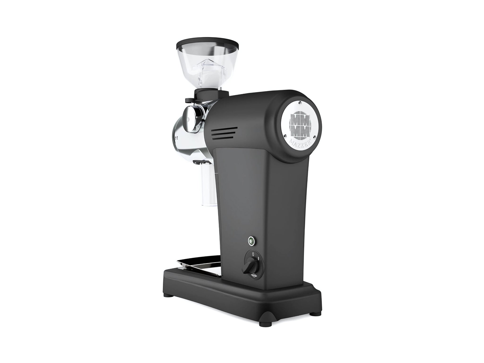 Mazzer ZM Plus Coffee Grinder Black - New espresso grinder displayed from an angled rear view. Shows the grinder’s shape, cooling vents, and overall structure in a matte black finish.