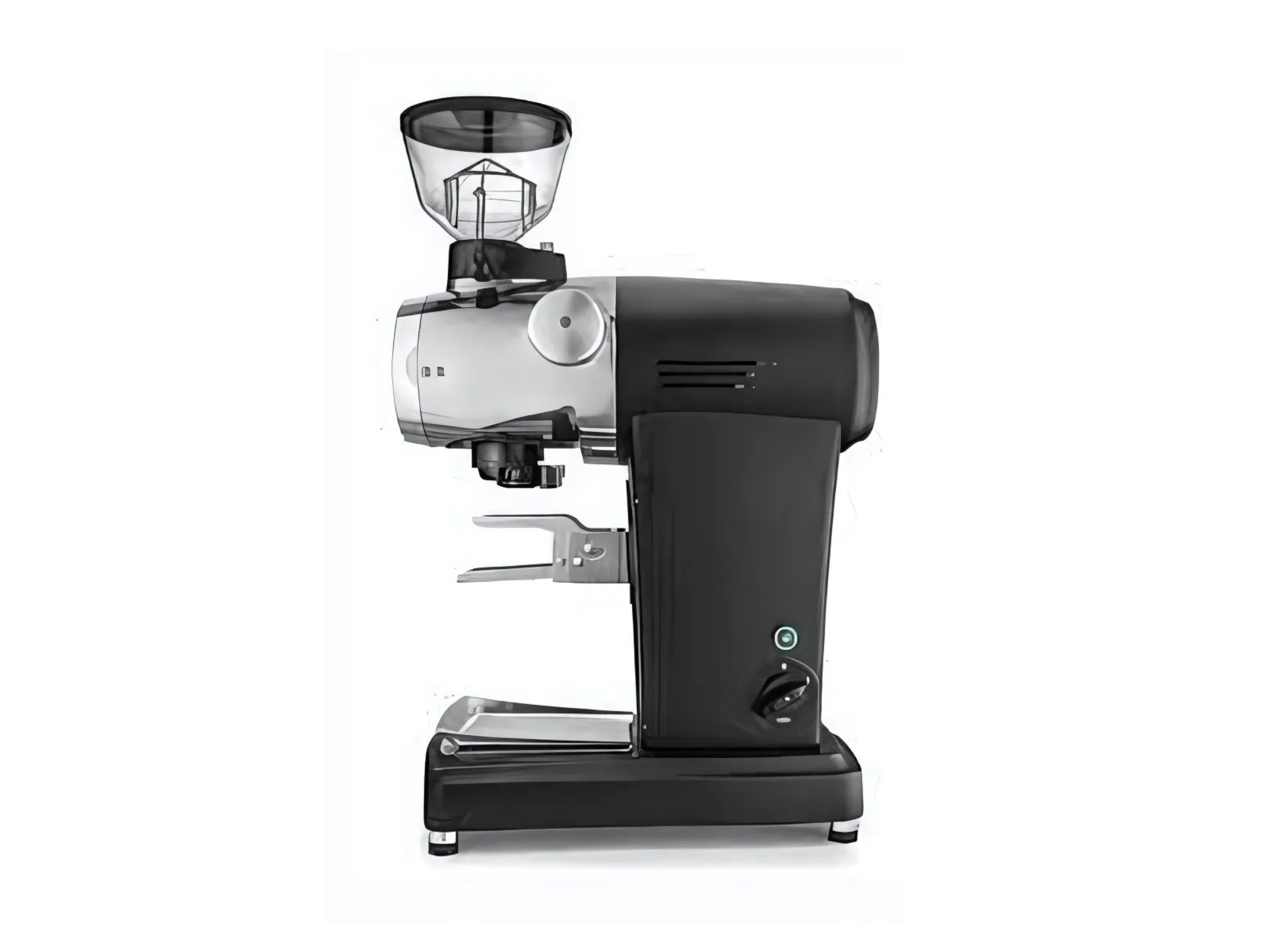 Mazzer ZM Plus Coffee Grinder Black - New espresso grinder captured from a side angle. Features the tall hopper, smooth matte black housing, and compact profile suited to espresso workflow.