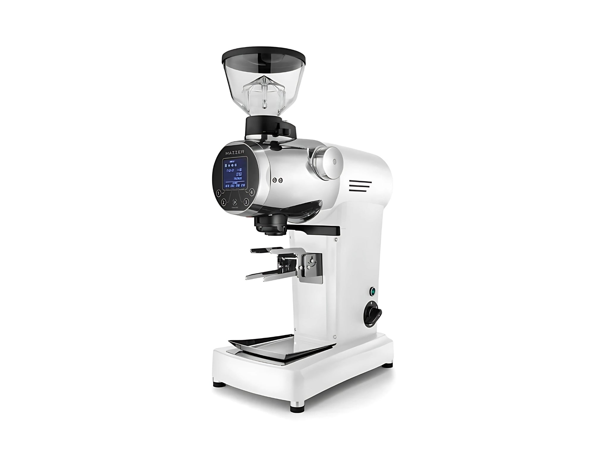 Mazzer ZM Plus Coffee Grinder White - New espresso grinder displayed at an angled view against a white background. Features include the digital display, 83mm flat burr housing, and sleek white finish.