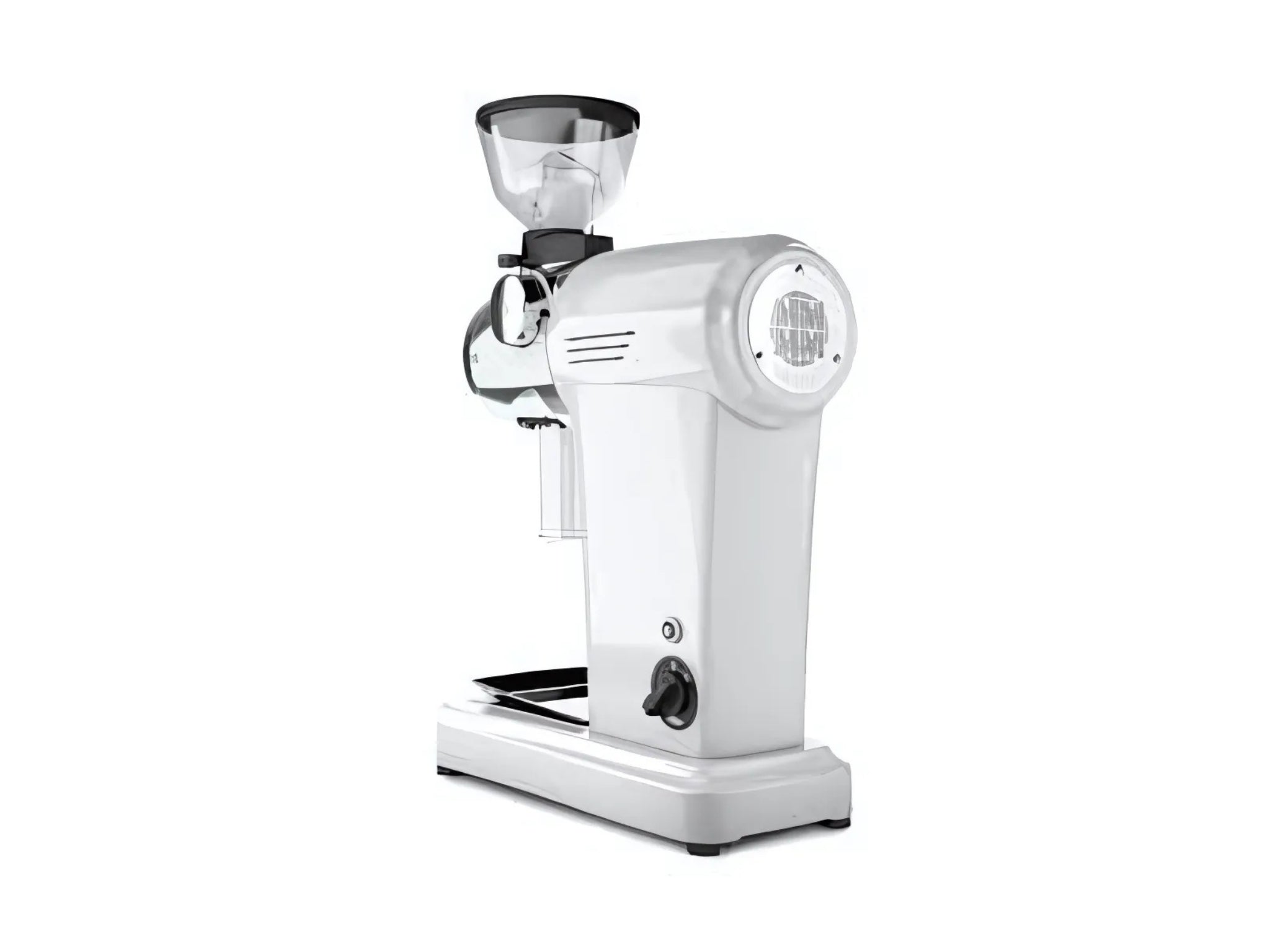 Mazzer ZM Plus Coffee Grinder White - New espresso grinder photographed from an angled rear view. Emphasises the machine’s shape, cooling vents, and matte white finish.