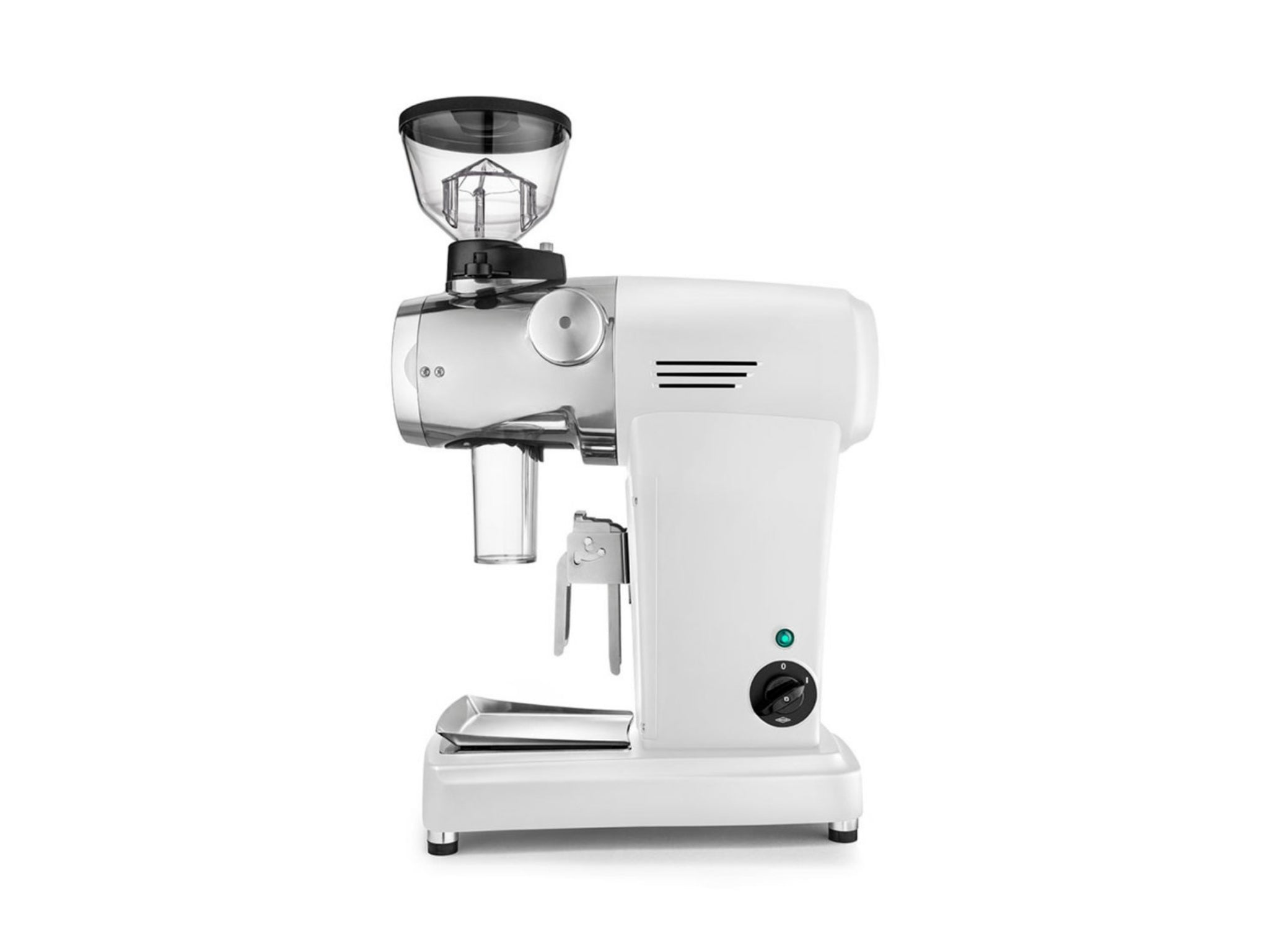 Mazzer ZM Plus Coffee Grinder White - New espresso grinder captured from the side. Highlights the tall hopper, clean lines, and white body suited for modern espresso setups.