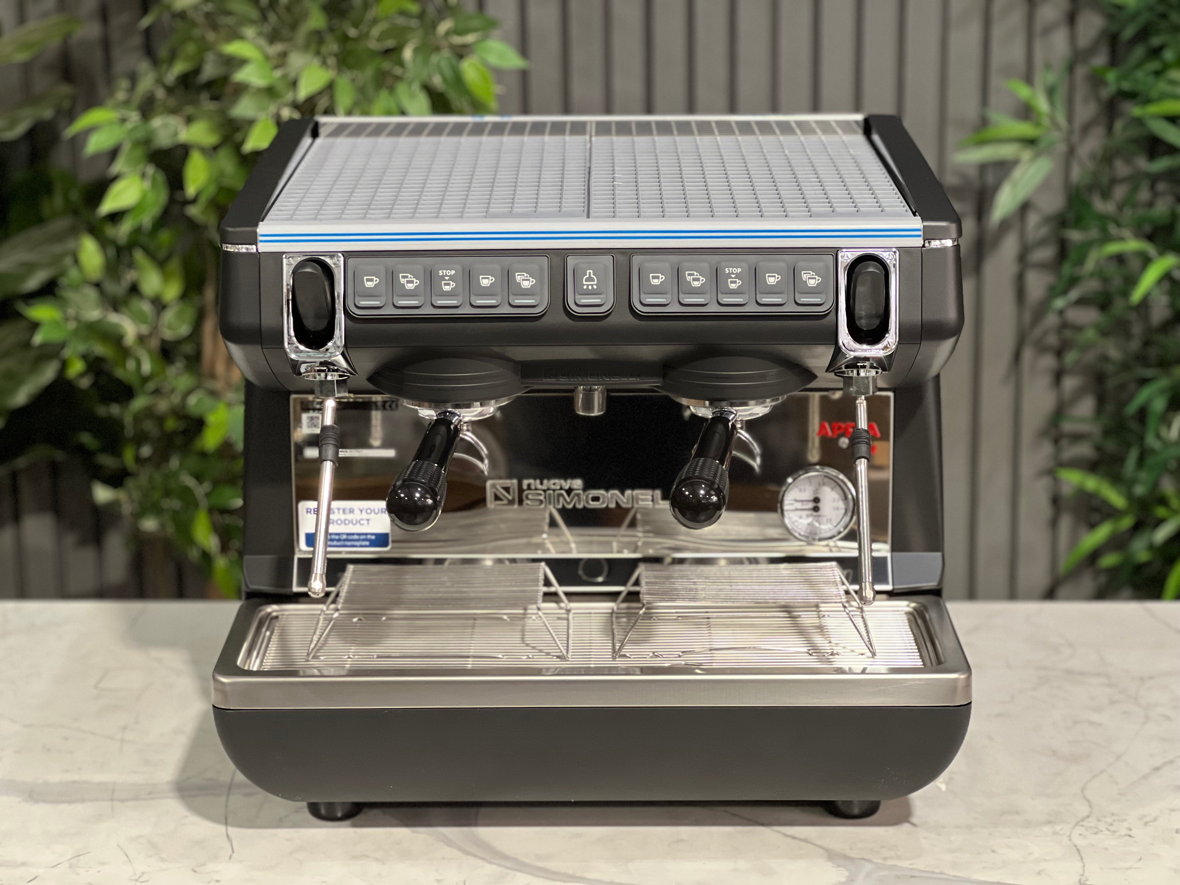 Nuova Simonelli Appia Life Compact Black 2 Group Espresso Machine - front view with controls and drip tray