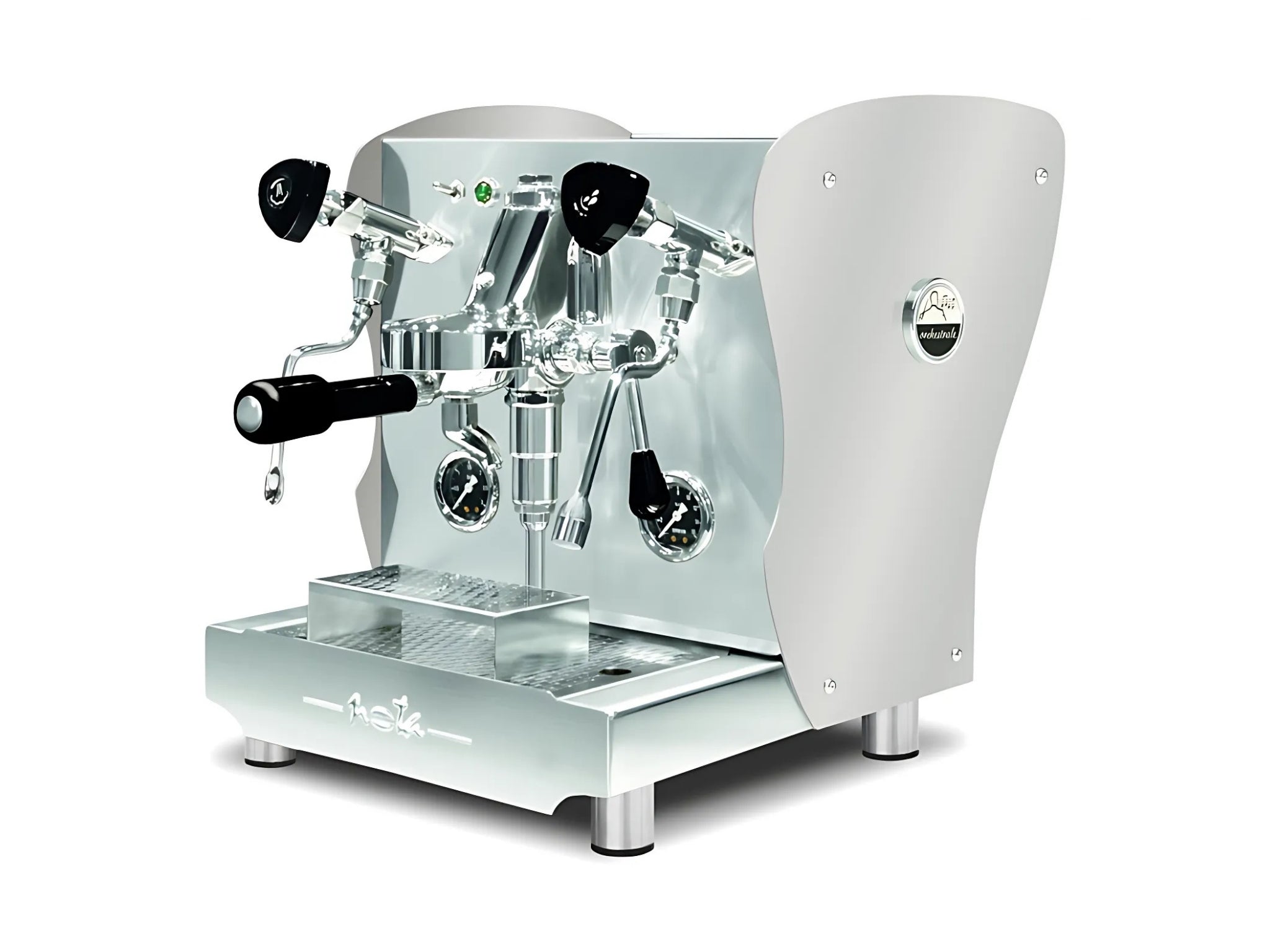 A brand new Orchestrale Nota 1 Group Espresso Coffee Machine with Stainless finish on a white background. The machine is photographed on an angle and the front and side of the machine is visible.