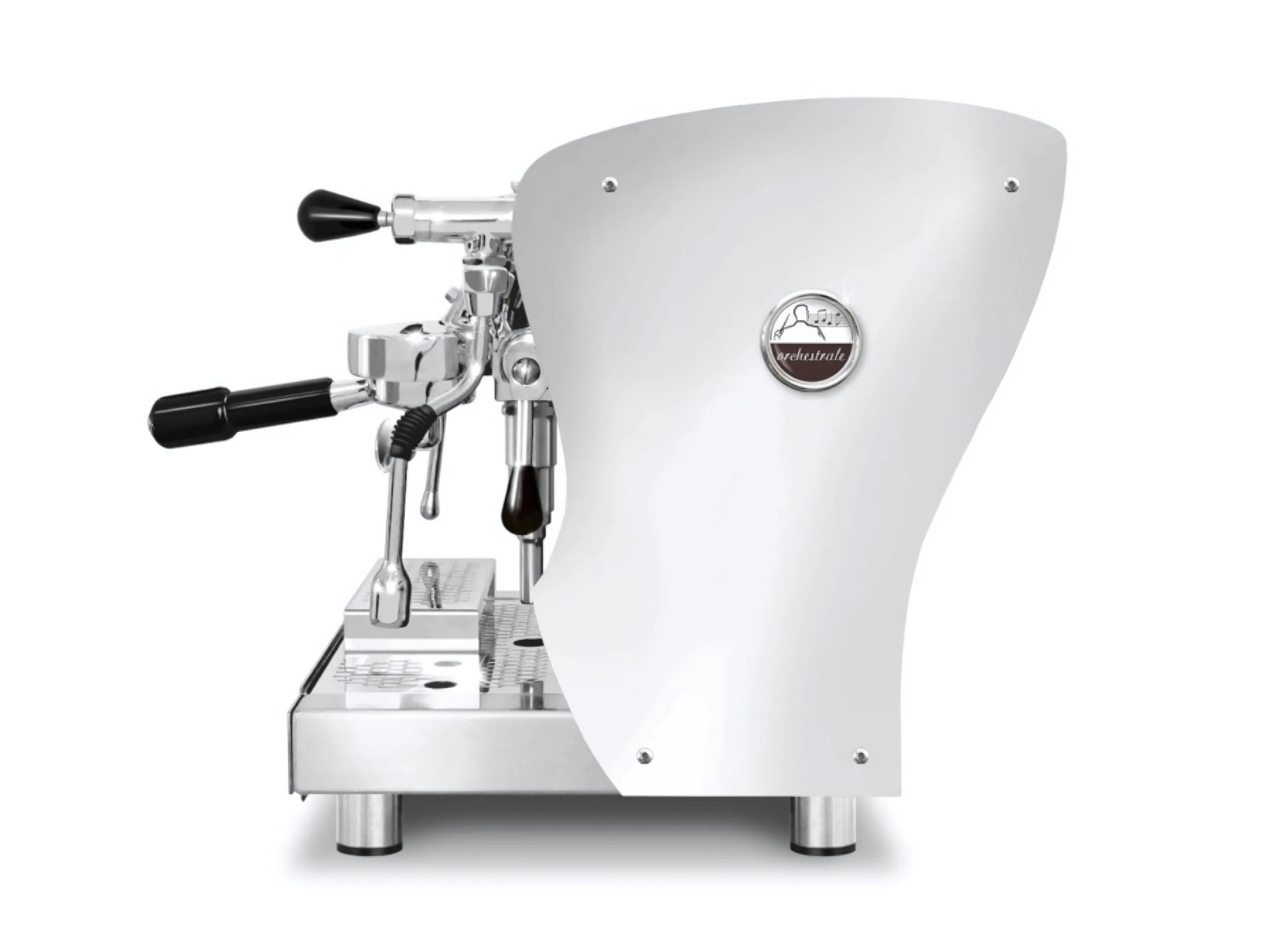 A brand new Orchestrale Nota 1 Group Espresso Coffee Machine with Stainless finish on a white background. The machine is photographed from the side.