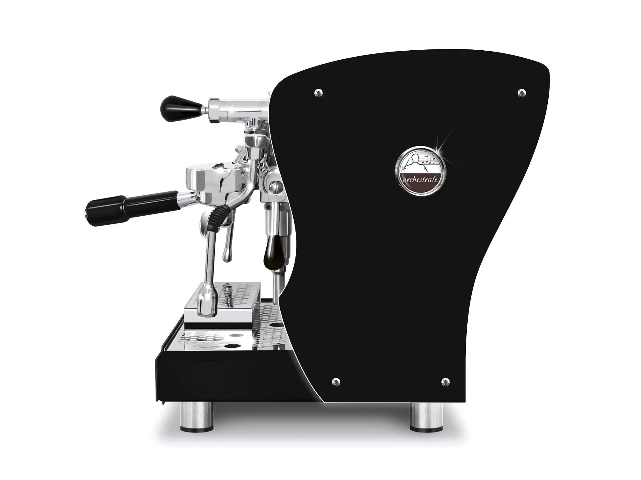A new Orchestrale Nota 1 Group Coffee Machine in Black on a white background. The machine is photographed from the side.
