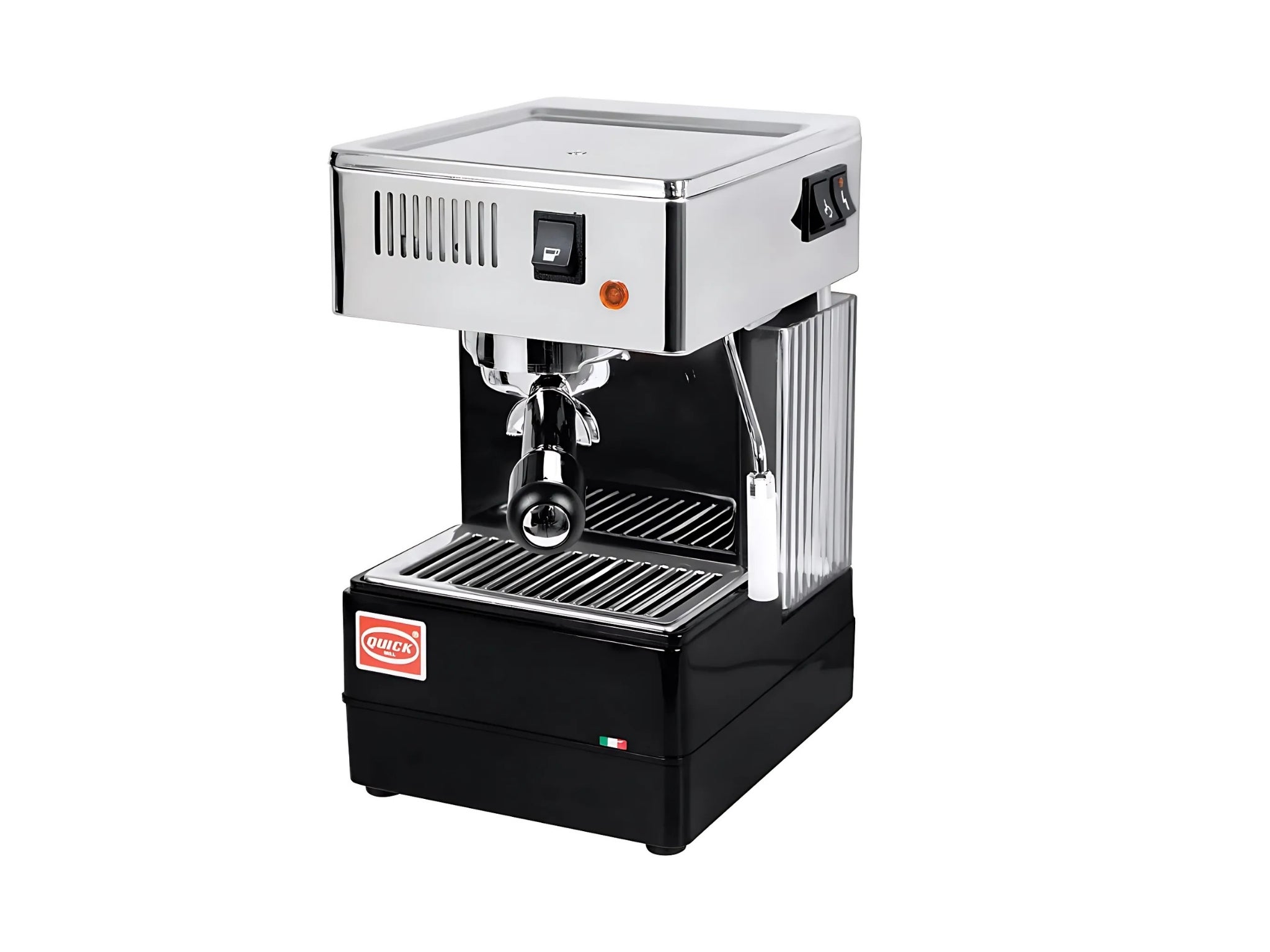 A new Quick Mill 0820 1 Group Espresso Coffee Machine in Black on a white background. The machine is photographed on an angle and the front and side of the machine is visible.