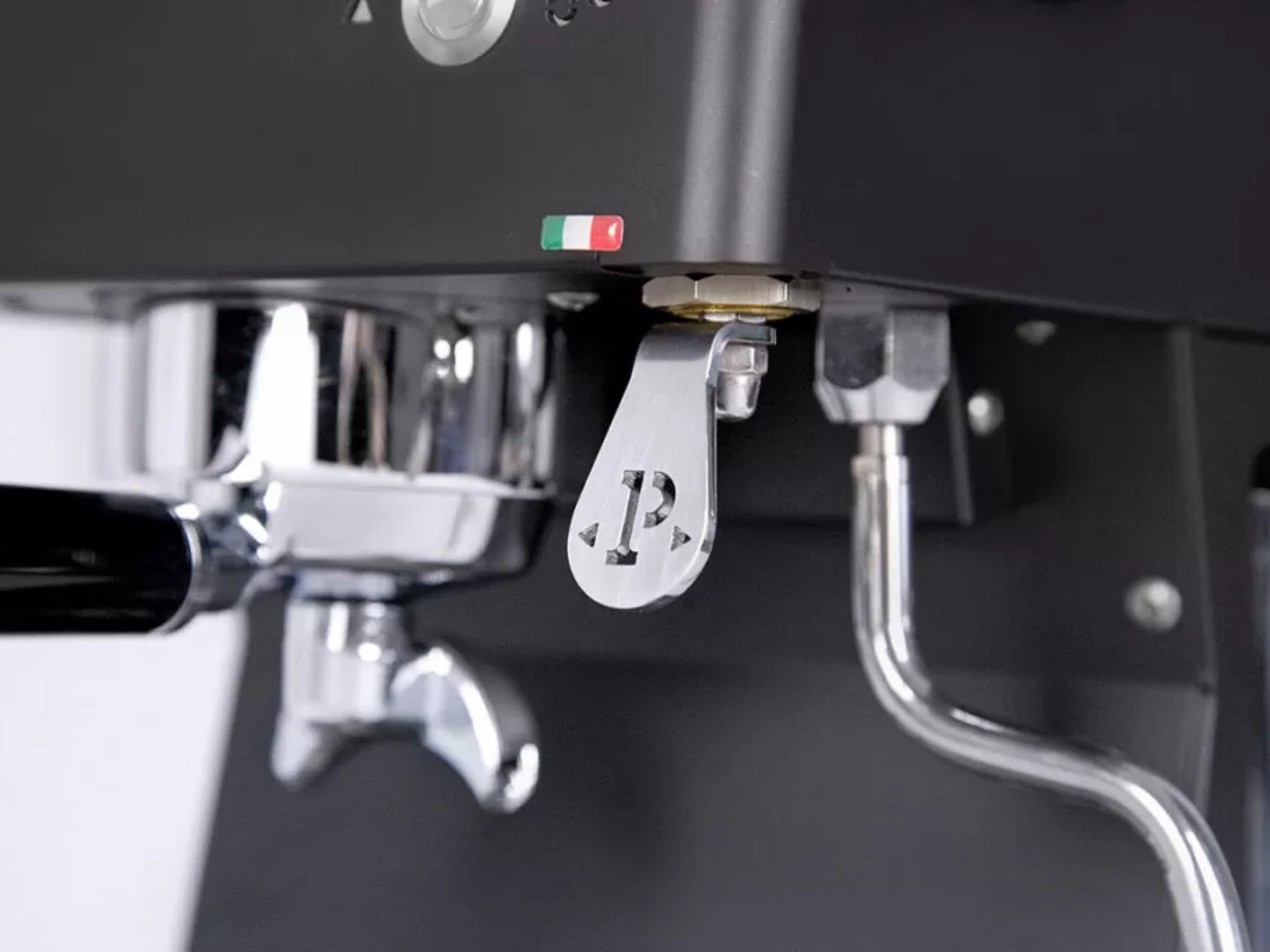 Quick Mill Pop Up 1 Group Coffee Machine Black - New close-up front view highlighting the group head, timber steam control knob, and LED-backlit buttons of this compact black espresso coffee machine.