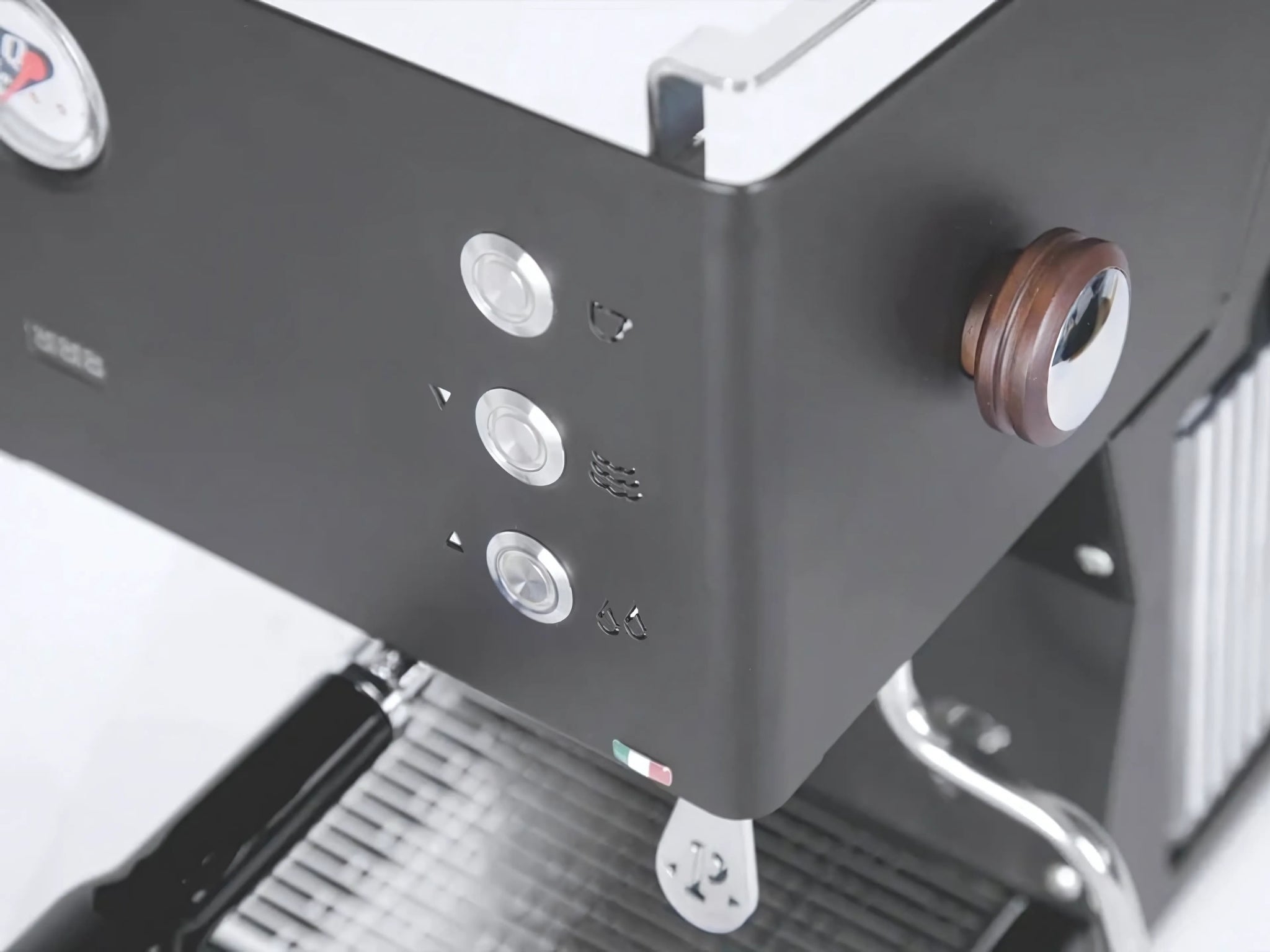 Quick Mill Pop Up 1 Group Coffee Machine Black - New close-up front view highlighting the group head, timber steam control knob, and LED-backlit buttons of this compact black espresso coffee machine.