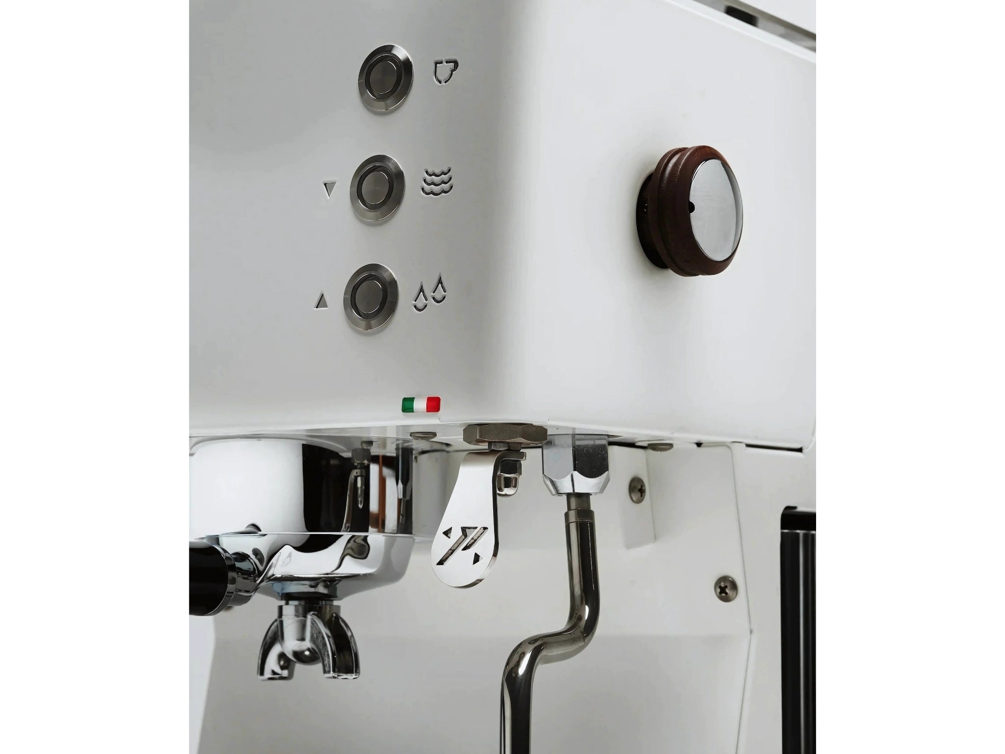 Quick Mill Pop Up 1 Group Coffee Machine White - New shown in a close-up front view with focus on the group head, back-lit buttons, and steam wand. A compact espresso machine built for café-quality coffee at home.