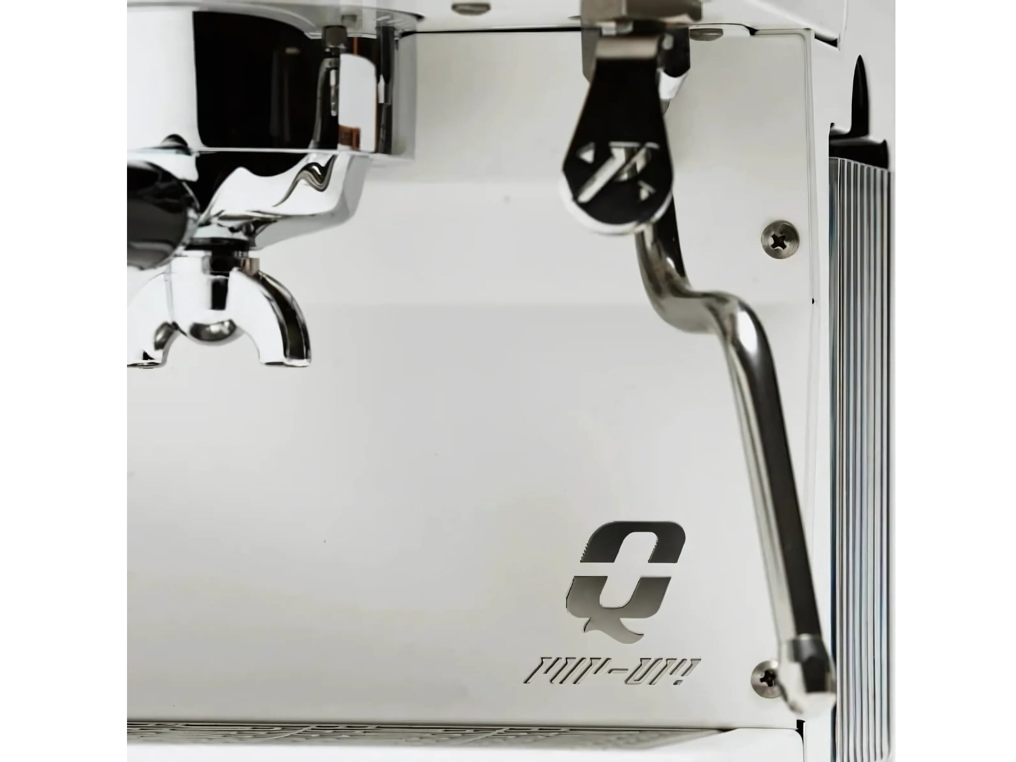 Quick Mill Pop Up 1 Group Coffee Machine White - New shown in a close-up front view with focus on the group head, back-lit buttons, and steam wand. A compact espresso machine built for café-quality coffee at home.