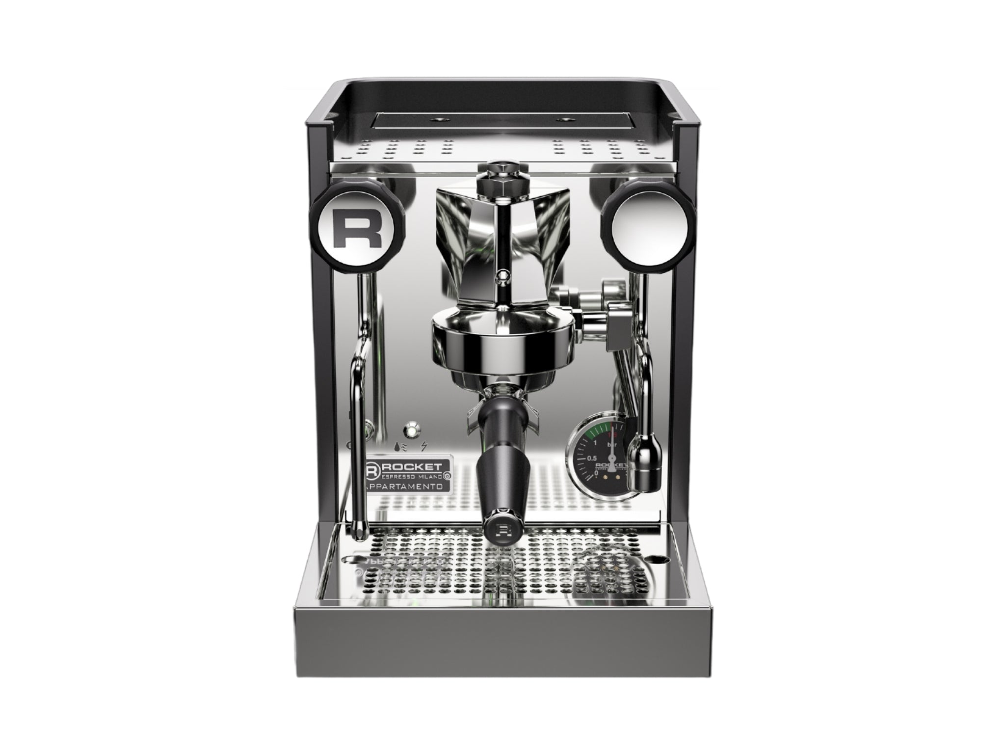 Rocket Appartamento TCA 1 Group Coffee Machine Black with Black Cutouts - New front view showing E61 group head, 1.8L boiler, vibrational pump, mechanical thermal controls, and upgraded drip tray on a white background.