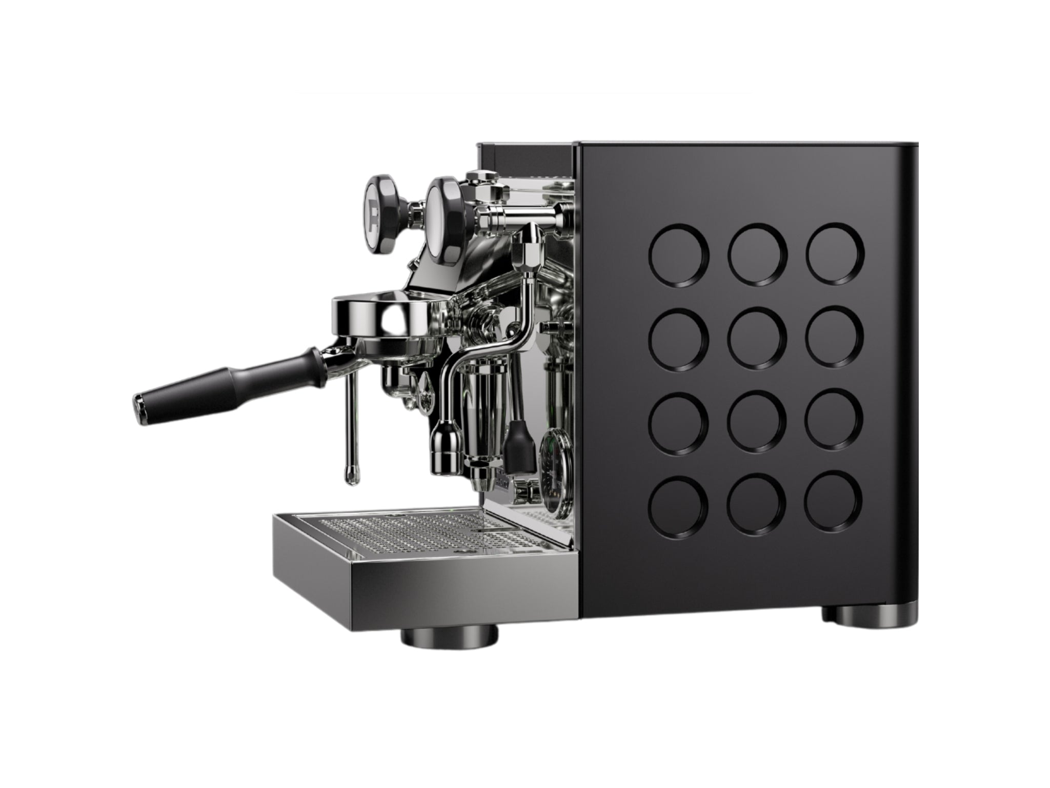 Rocket Appartamento TCA 1 Group Coffee Machine Black with Black Cutouts - New side view showing circular side panel with debossing, rounded edges, and premium black finish on a clean white background.