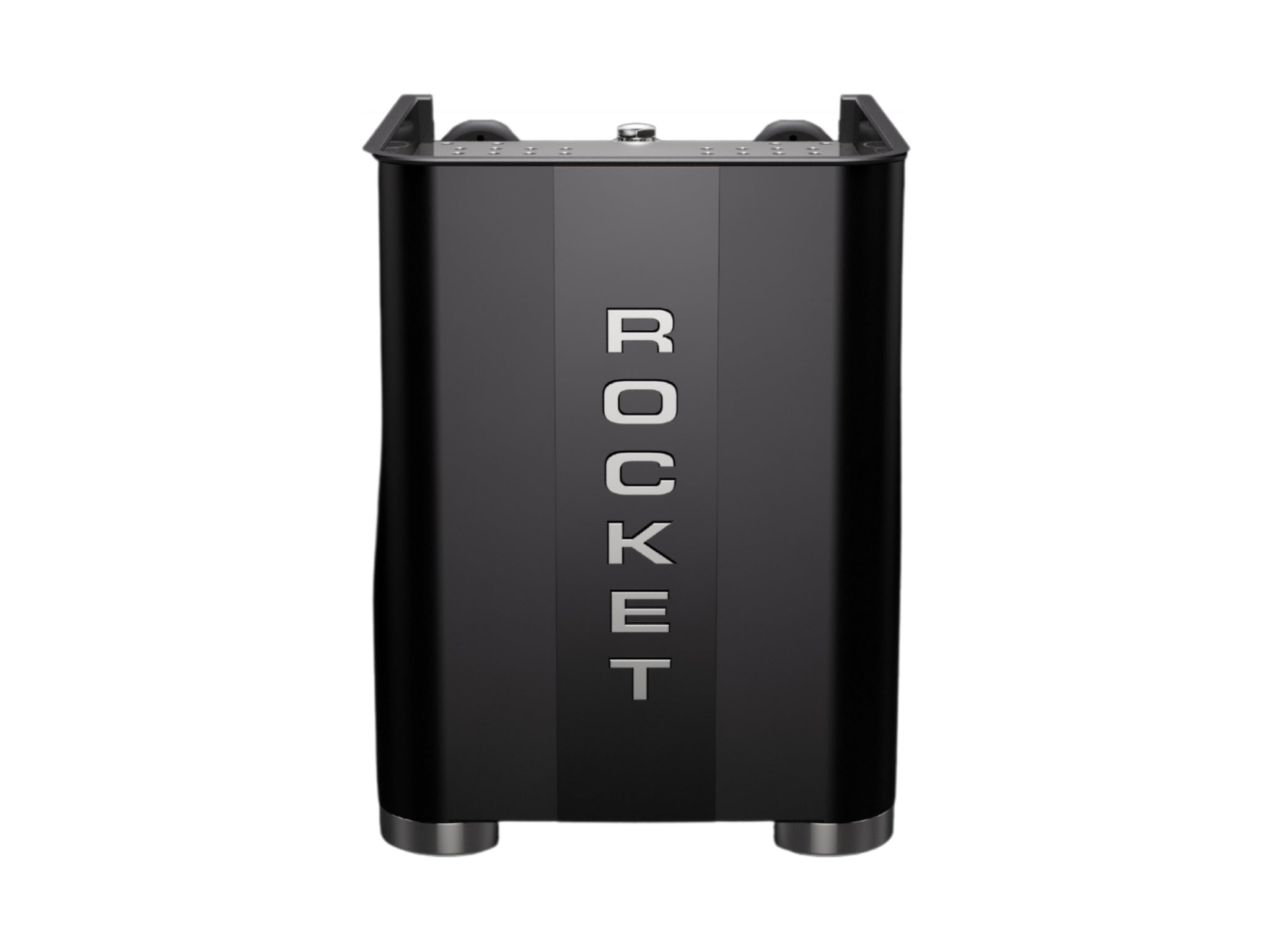 Rocket Appartamento TCA 1 Group Coffee Machine Black with Black Cutouts - New rear view showing vertical Rocket logo, water tank, and black body with black cutouts on a white background.