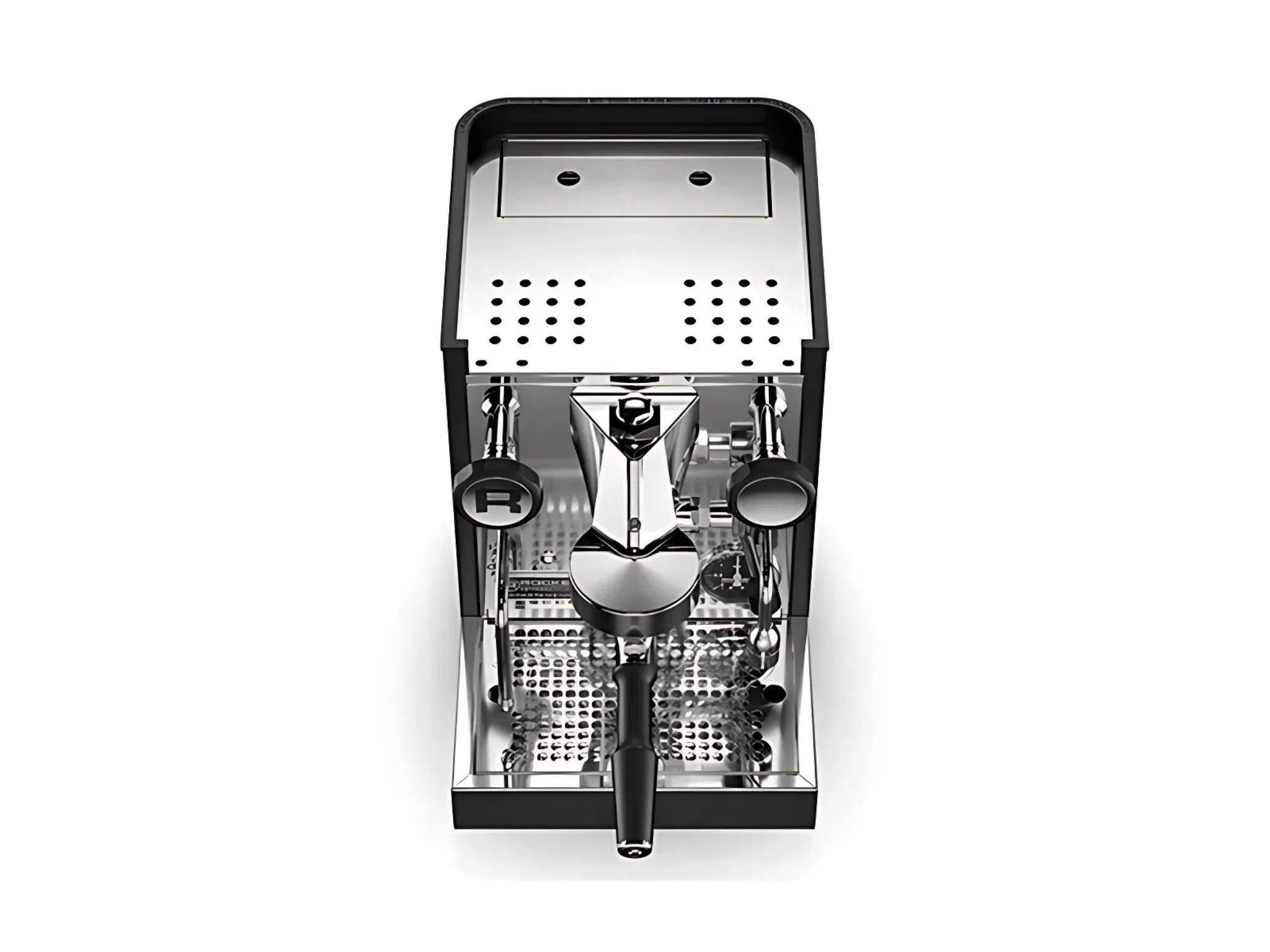 Rocket Appartamento TCA 1 Group Coffee Machine Black with Black Cutouts - New front-top view highlighting the activation lever, mechanical thermal controls, rounded edges, and upgraded drip tray on a clean white background.