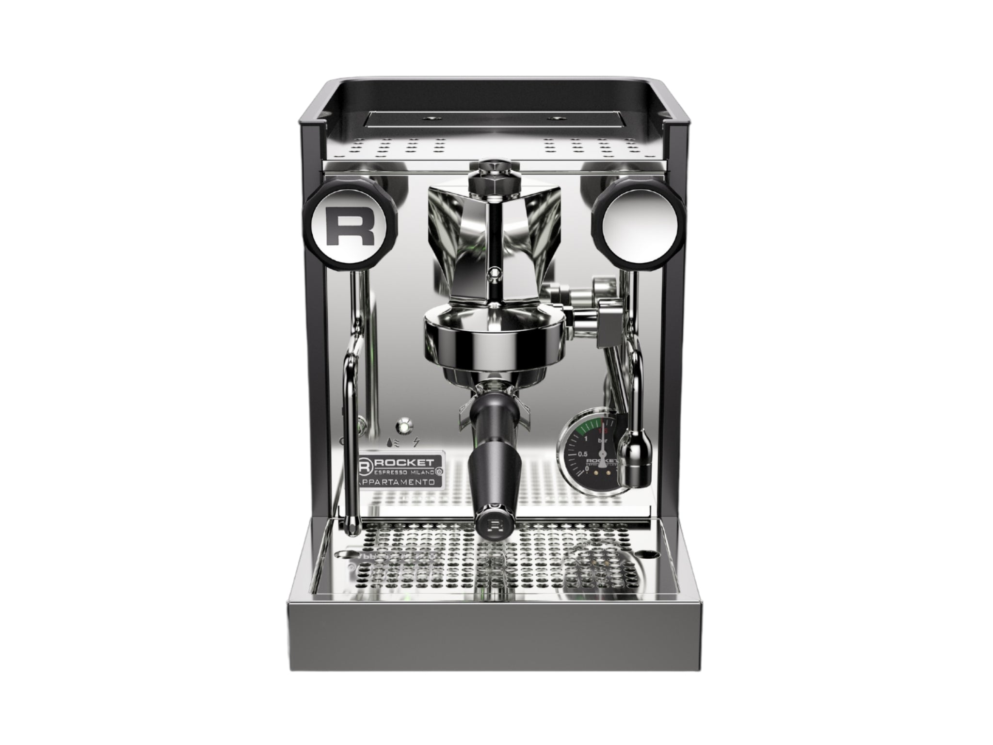 Rocket Appartamento TCA 1 Group Coffee Machine Black with Copper Cutouts – New espresso coffee machine displayed front-on against a white background, highlighting the E61 group head, steam wand, hot water outlet, activation lever, and polished stainless steel drip tray.
