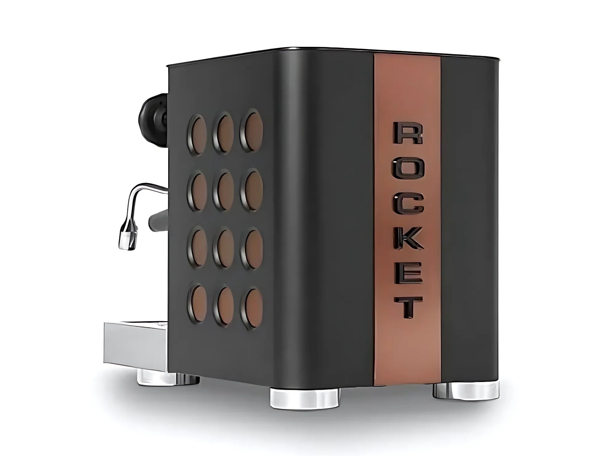 Rocket Appartamento TCA 1 Group Coffee Machine Black with Copper Cutouts – New espresso machine angled from the back on a clean white background, showing the copper-accented side panel, black rear housing, and stainless steel top cup tray.