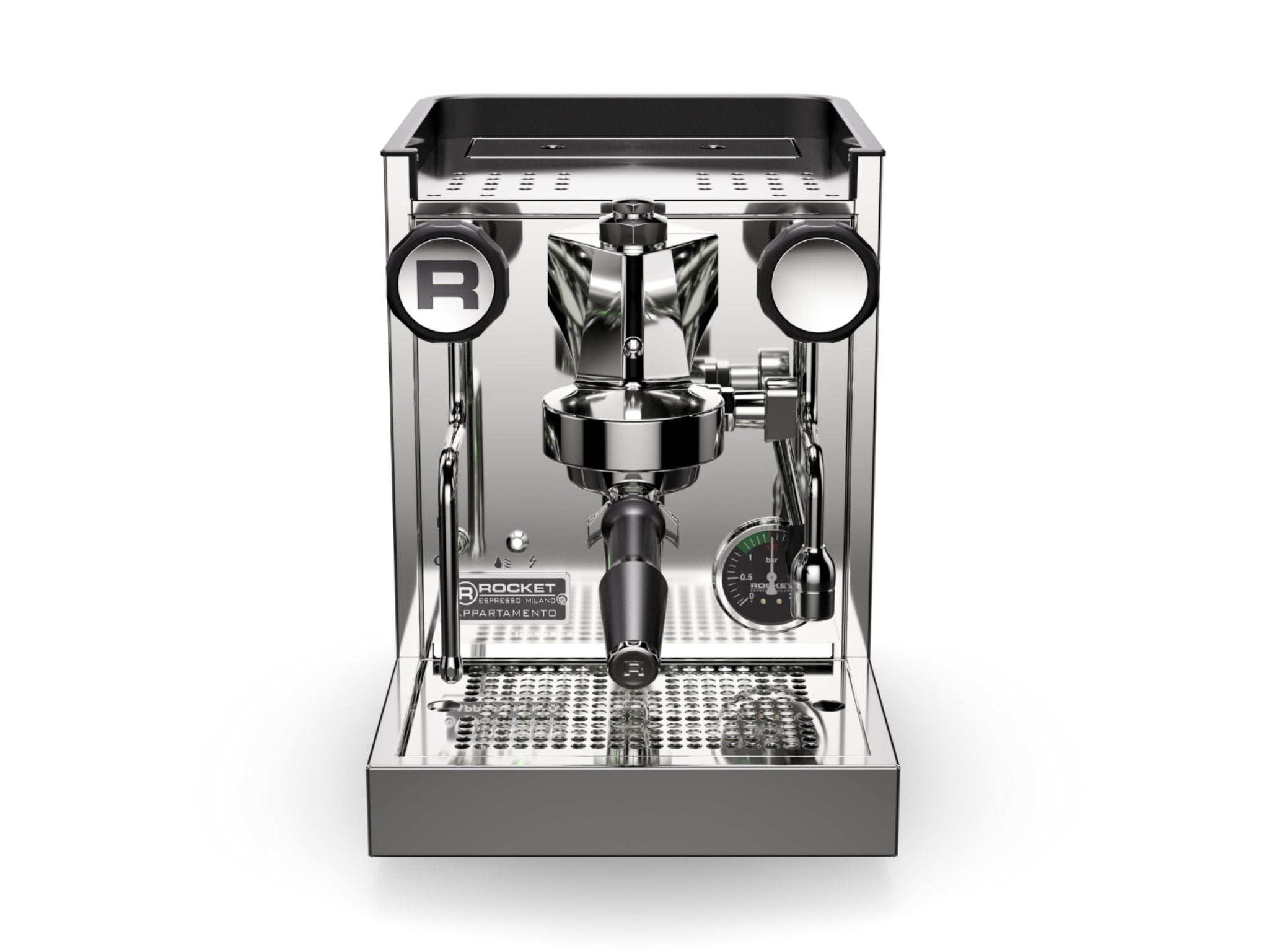 Rocket Appartamento TCA 1 Group Coffee Machine Stainless with Black Cutouts - New, front-top perspective highlighting the drip tray, E61 group head, control lever, and stainless steel body with black cutouts against a clean white background.