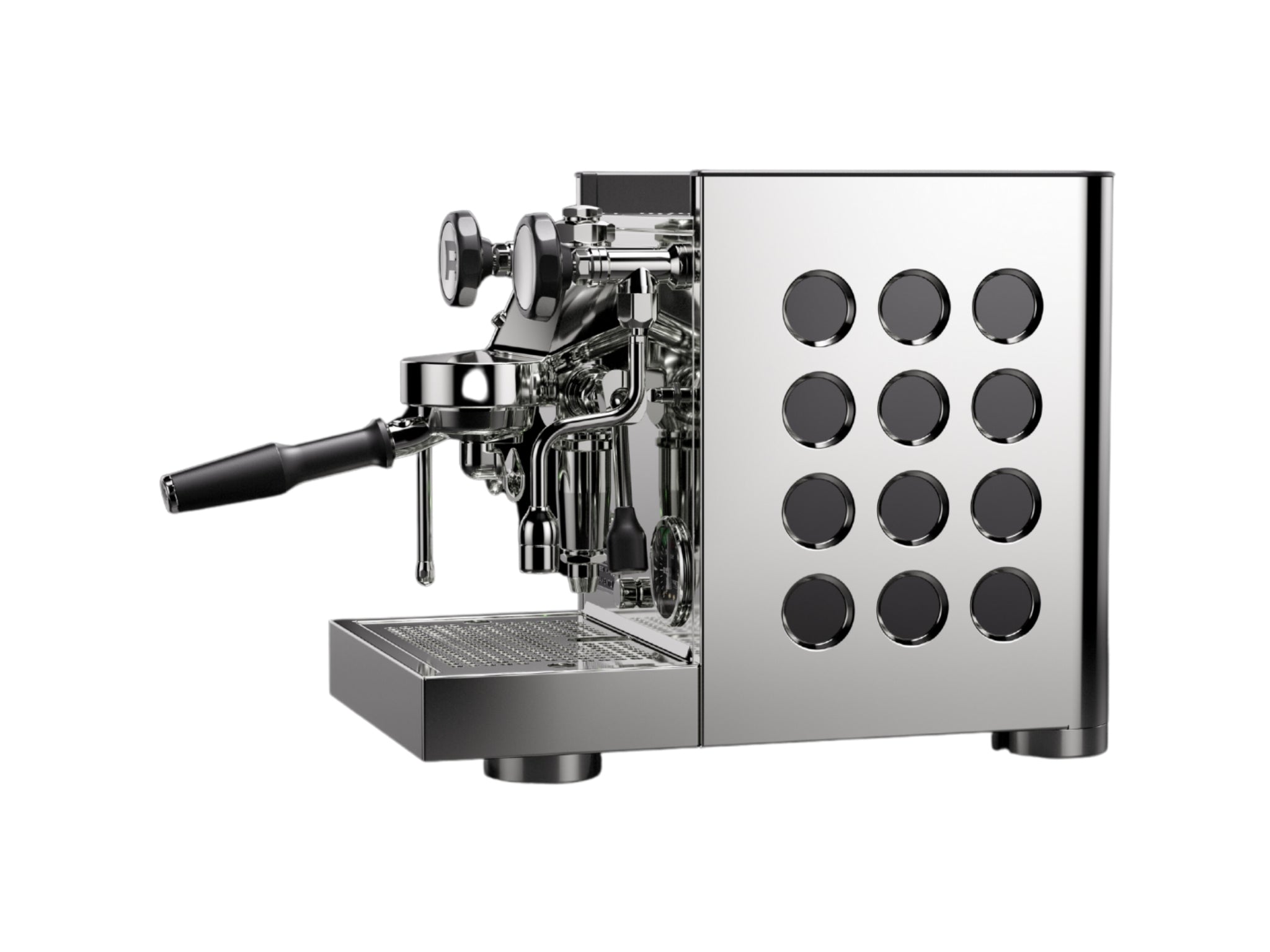 Rocket Appartamento TCA 1 Group Coffee Machine Stainless with Black Cutouts - New, side view displaying the circular debossed panel, rounded edges, and stainless steel body with black cutouts on a white background.