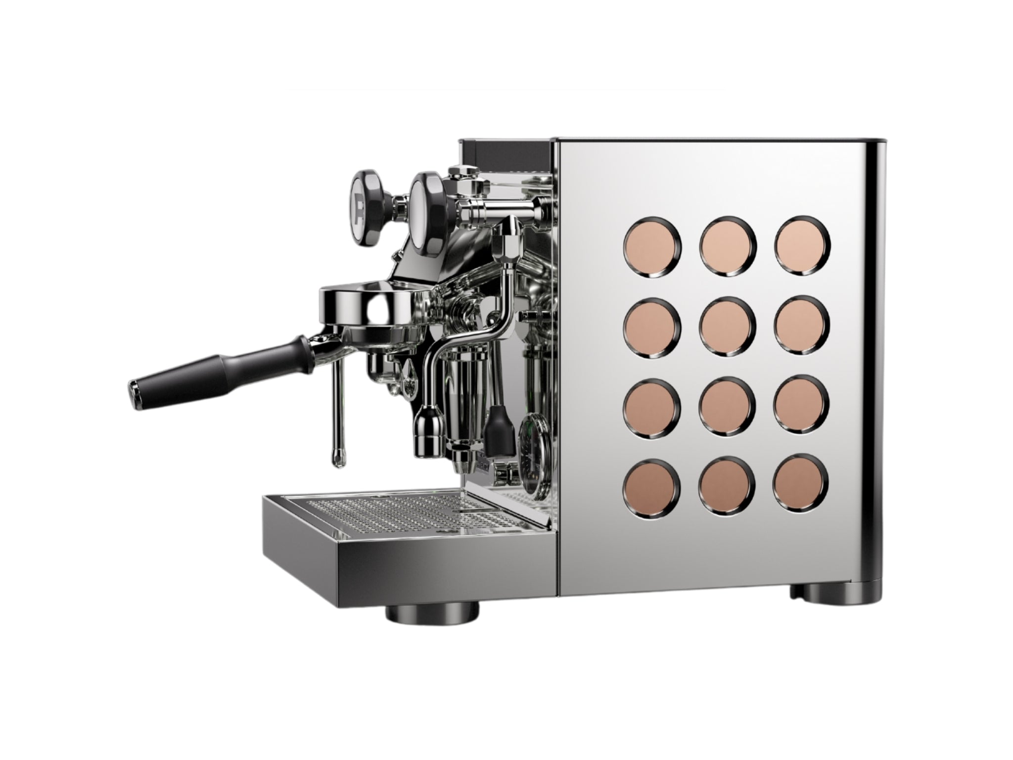 Rocket Appartamento TCA 1 Group Coffee Machine Stainless with Copper Cutouts - New, side profile highlighting the circular side panel with copper cutouts and rounded edges on a white background.