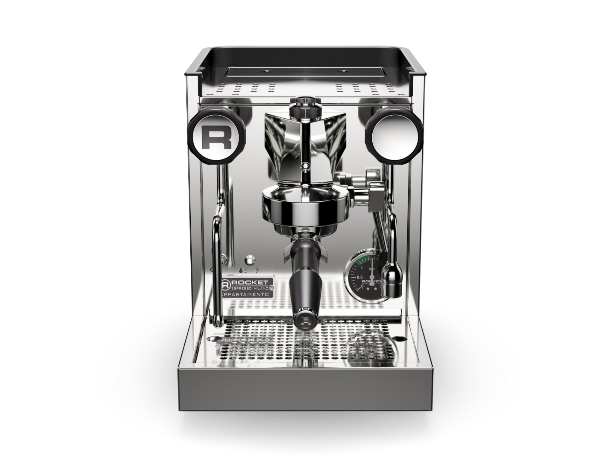 Rocket Appartamento TCA 1 Group Coffee Machine Stainless with Copper Cutouts - New, front-top view showing the E61 group head, drip tray, water tank opening, and stainless steel body with copper cutouts on a white background.
