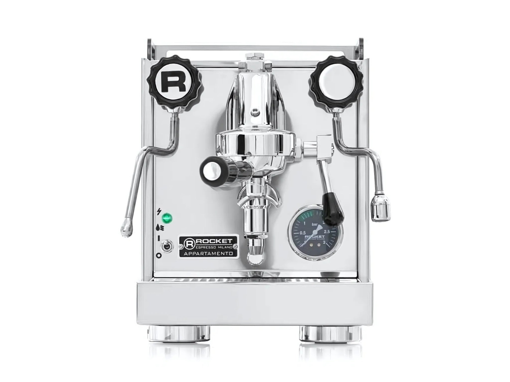Rocket Appartamento TCA 1 Group Coffee Machine Stainless with White Cutouts - New, front view displaying the E61 group head, drip tray, and high cup clearance, stainless steel body with white cutouts, on a white background.